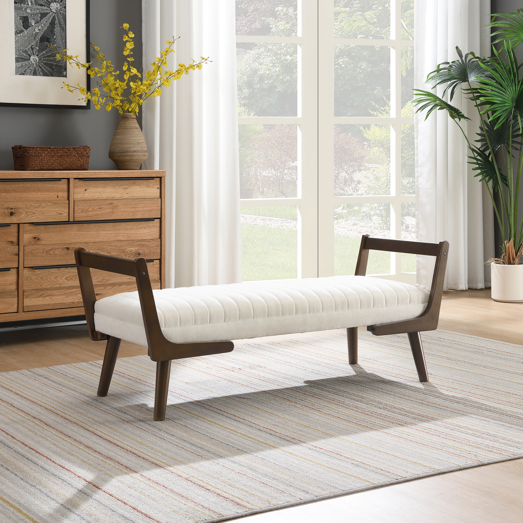 Banc mid-century 52 po bois noyer tissu beige