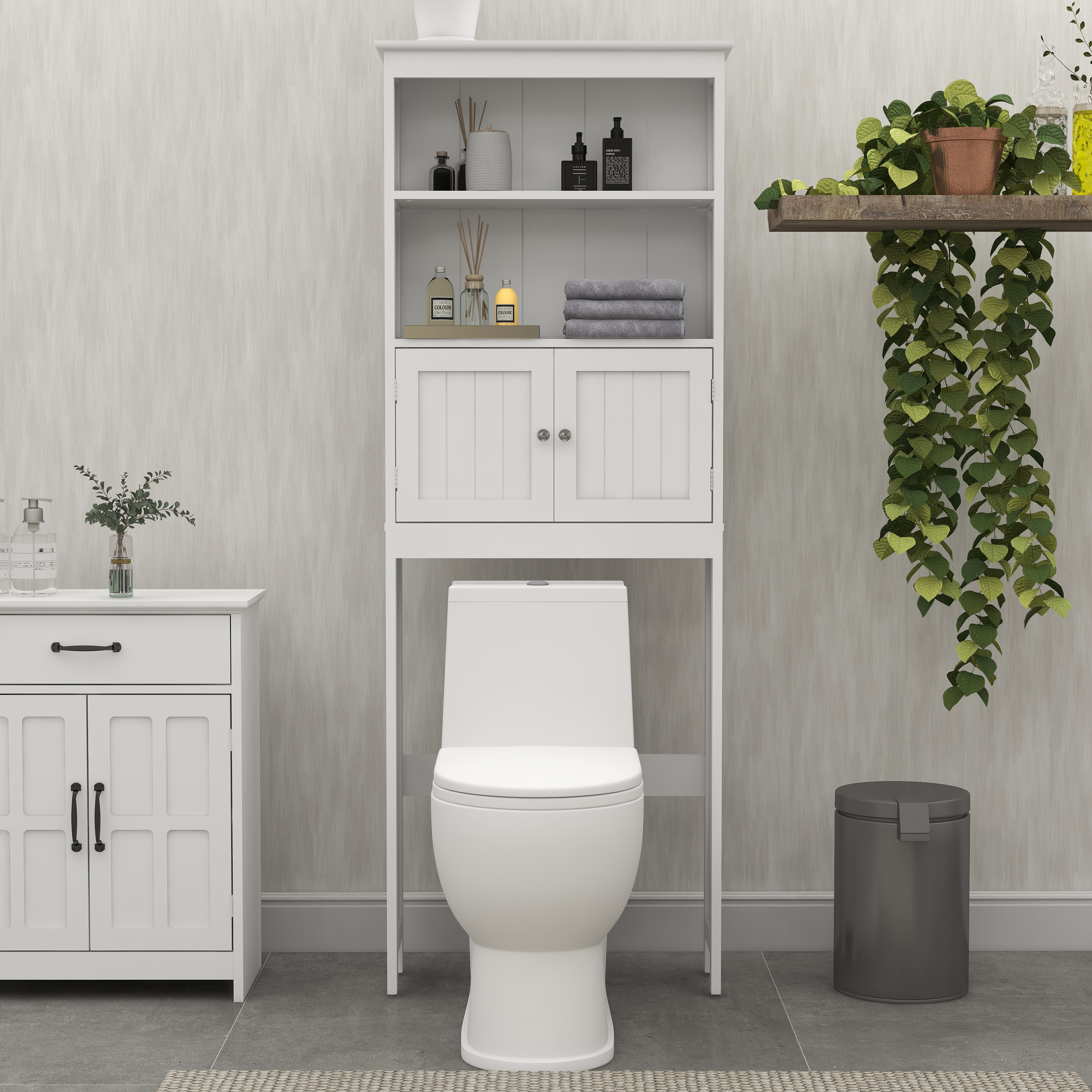 Étagère toilette 2 étages, portes, rangement salle bain, blanc