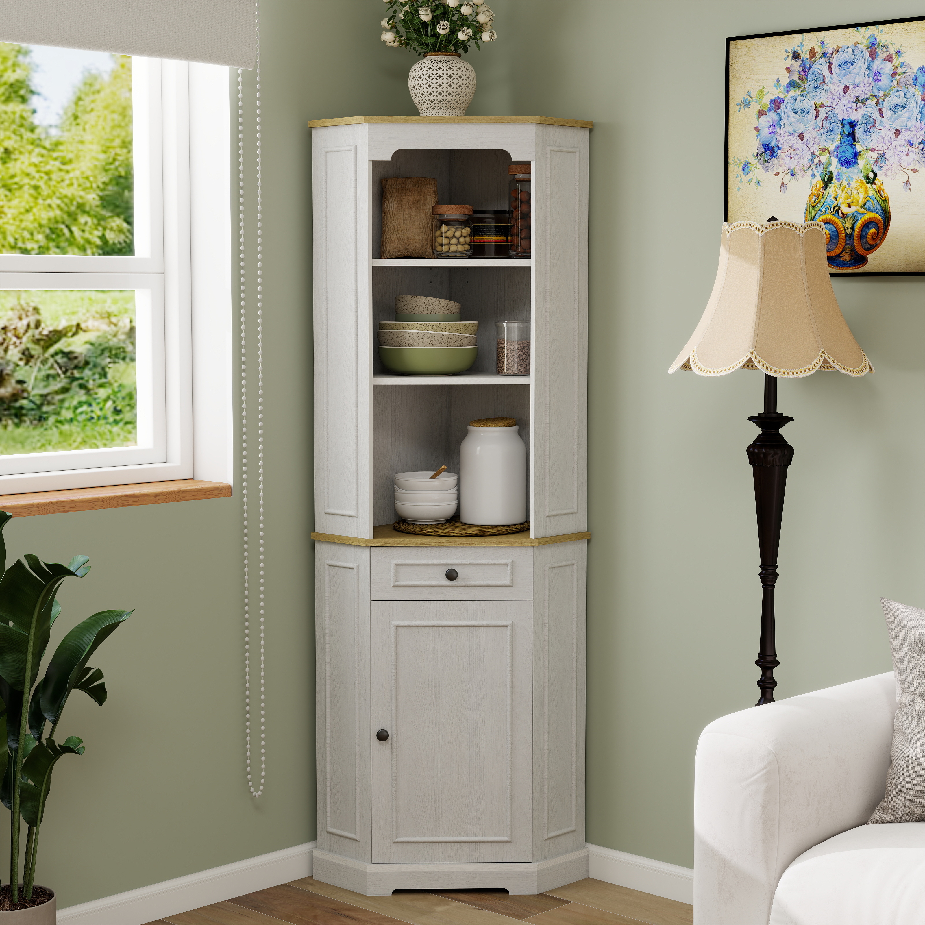 Armoire coin 68" po 1 porte 1 tiroir rangement ferme blanc antique