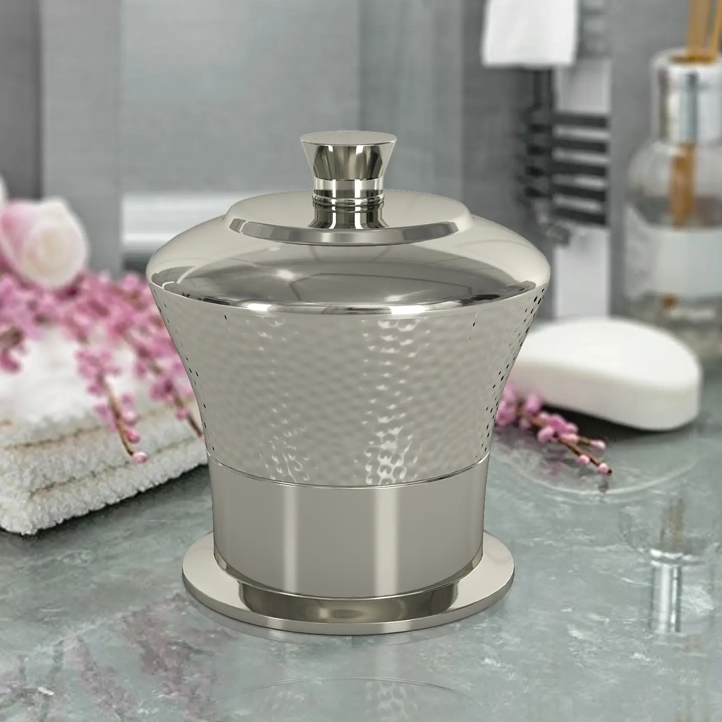 Pot vanité inox cotons-tiges éponges finition martelée