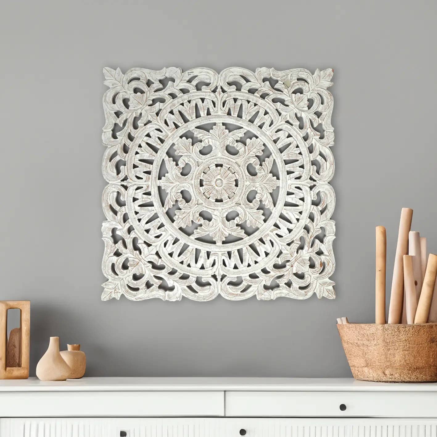 Décor mural bois carré blanc 36x36po accent maison artisanal