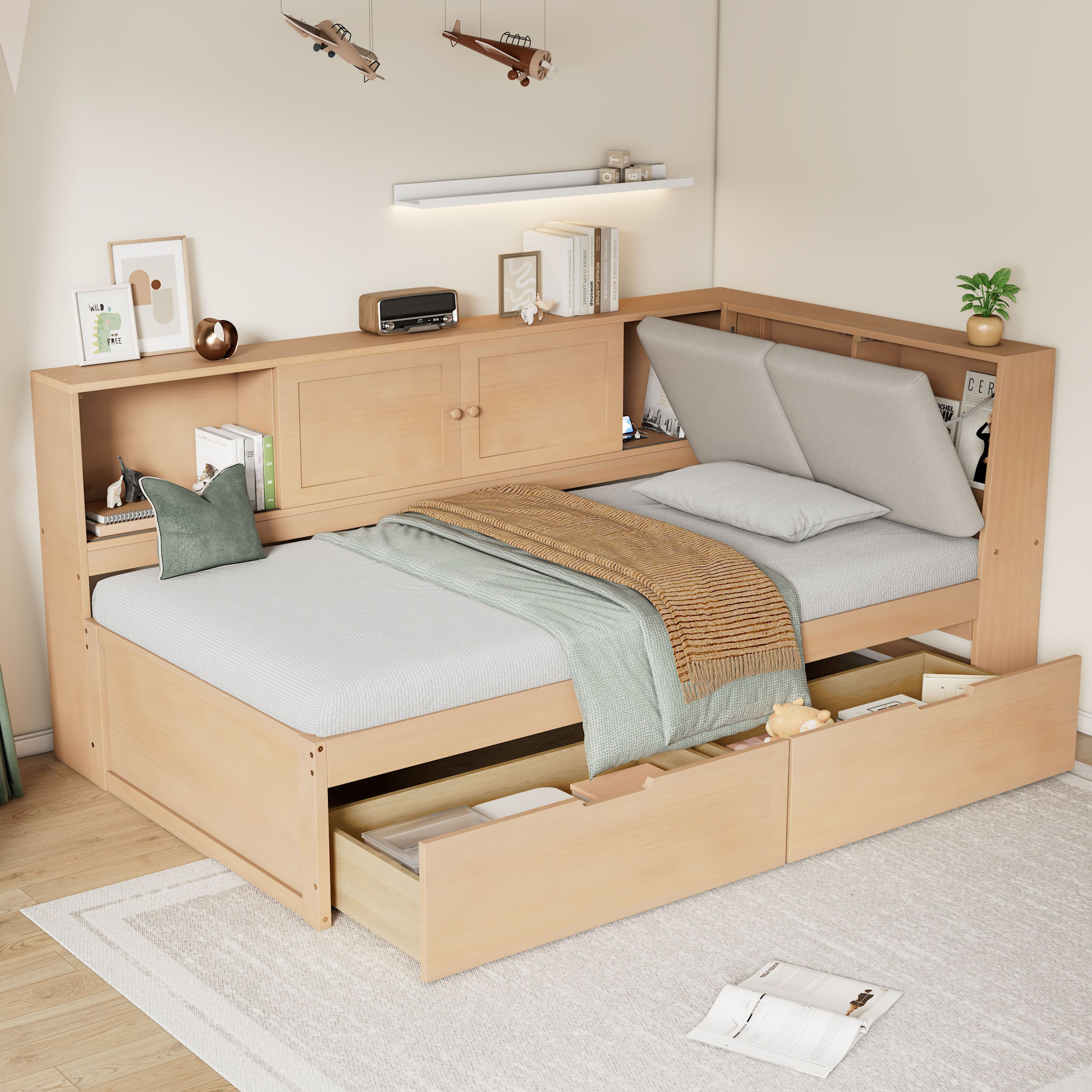 Lit une place L bois tiroirs rangement USB