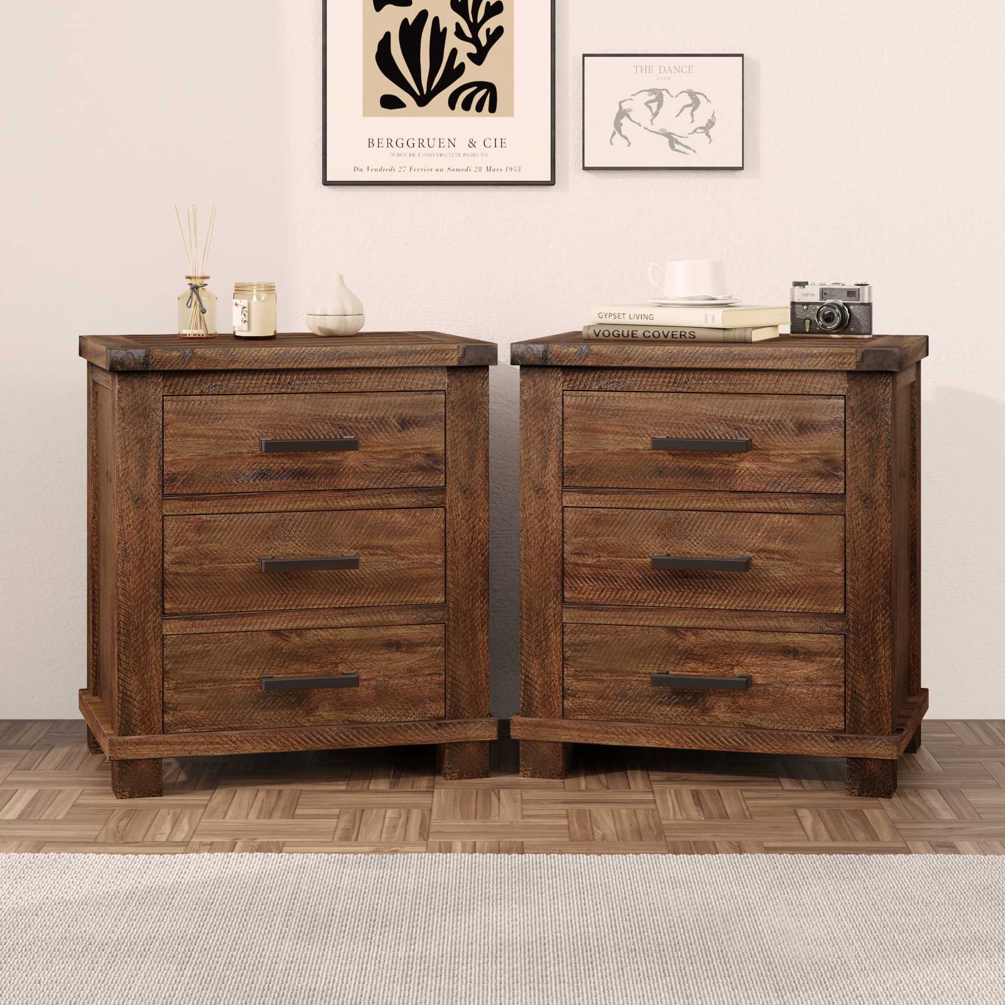 Table de nuit farmhouse 3 tiroirs, ensemble 2x