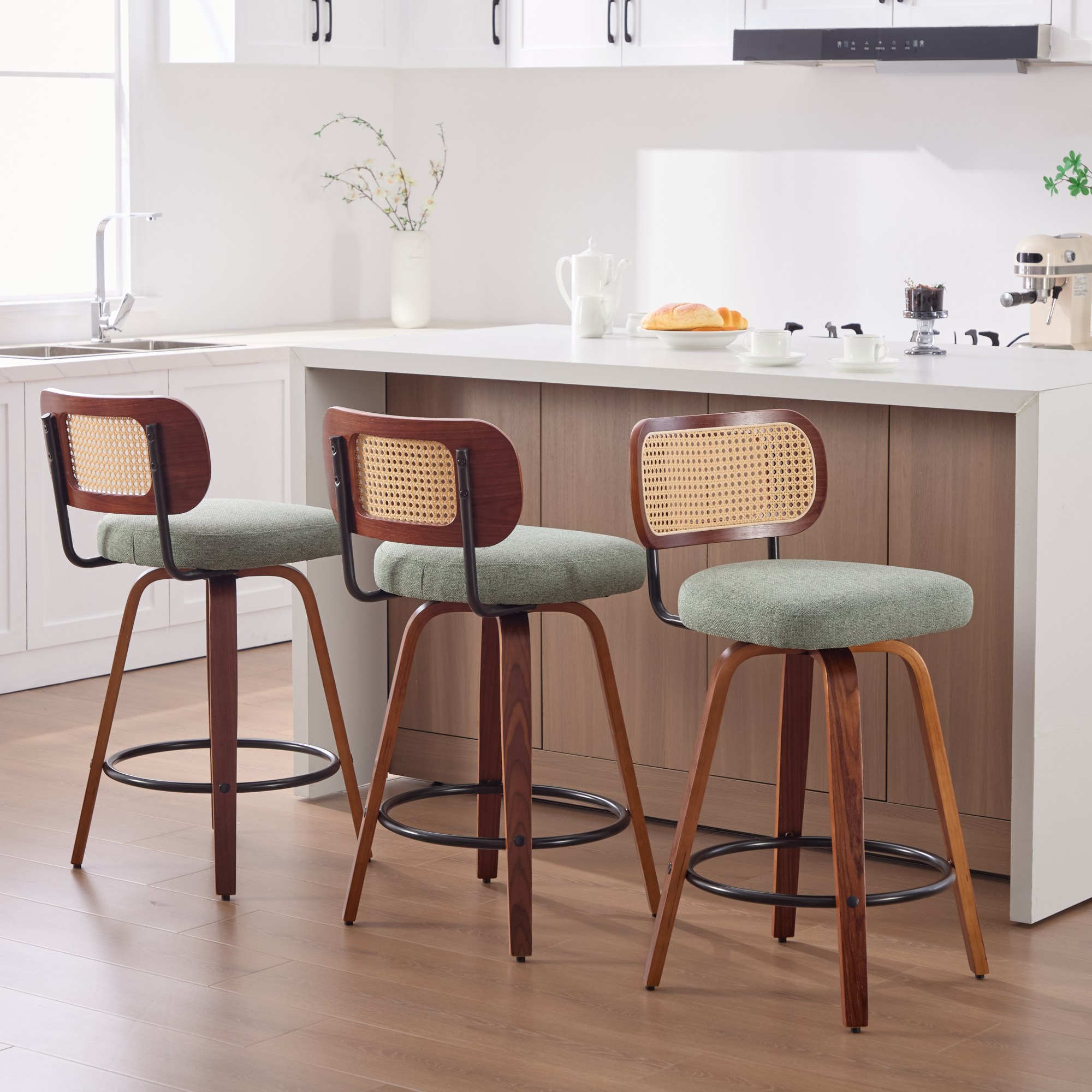 Tabourets comptoir 26 po ensemble 3 noyer rotin lin SW3766OL