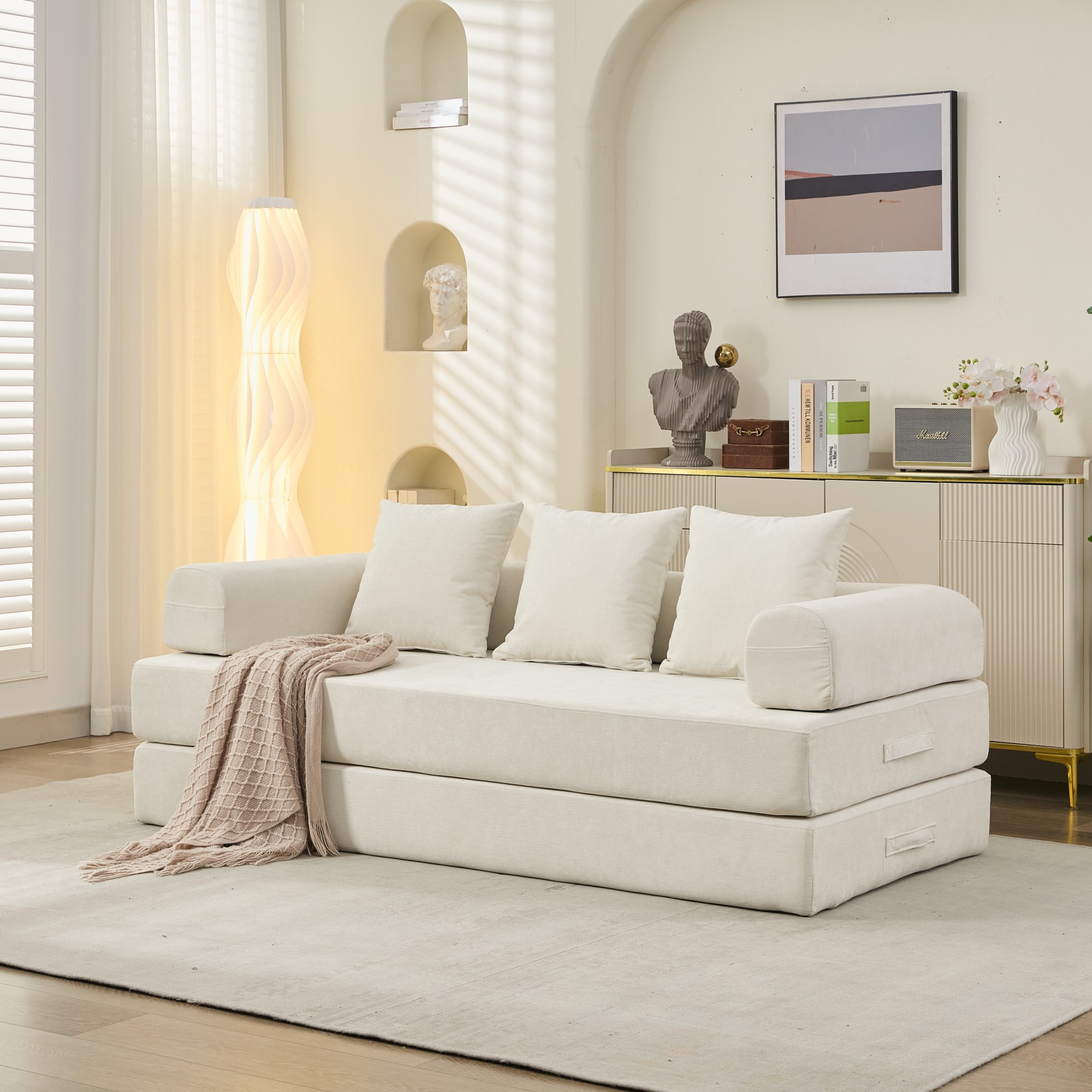 Canapé-lit convertible tissu beige avec accoudoirs