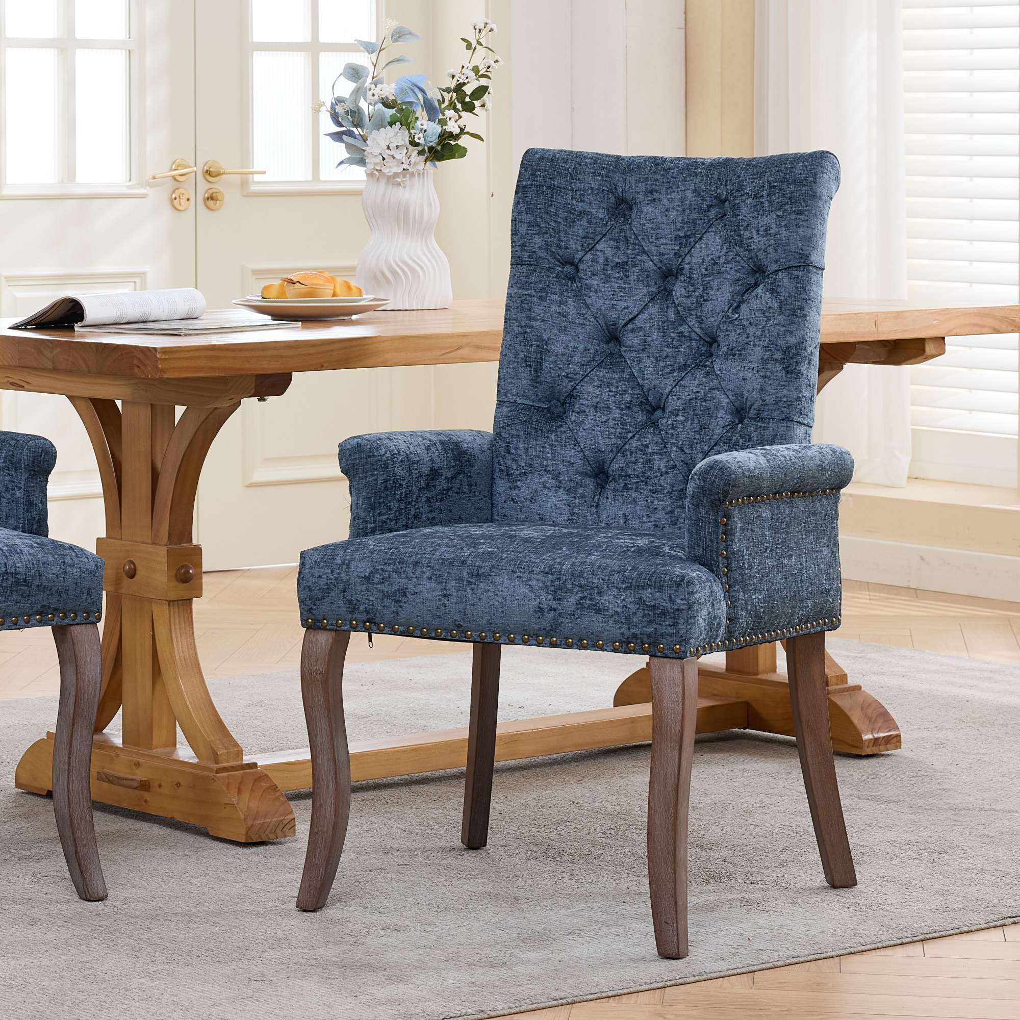 Chaise salle manger chenille, pattes bois, bleu SW1895BL