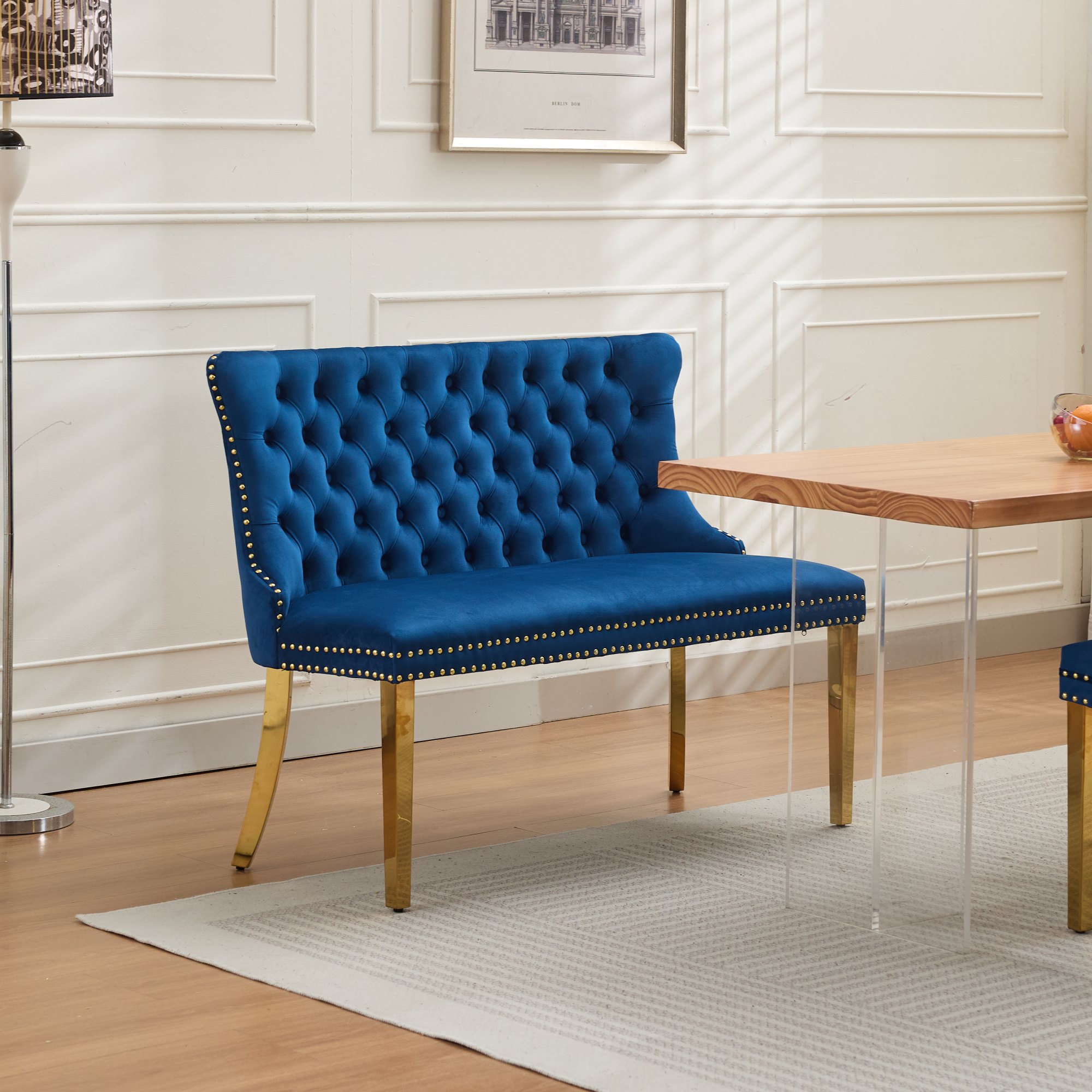 Banc loveseat velours 2 places dossier aile bleu