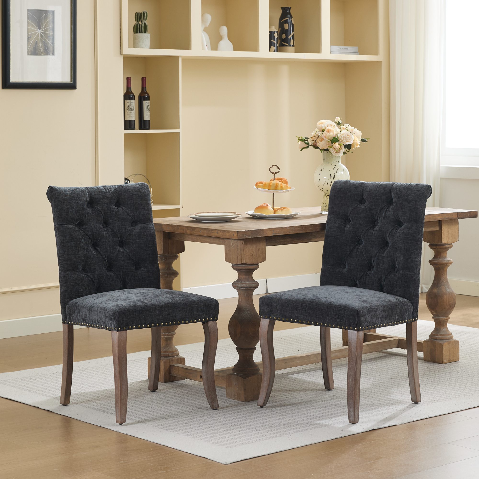 Chaise salle manger chenille, pieds bois, ensemble 2, noir