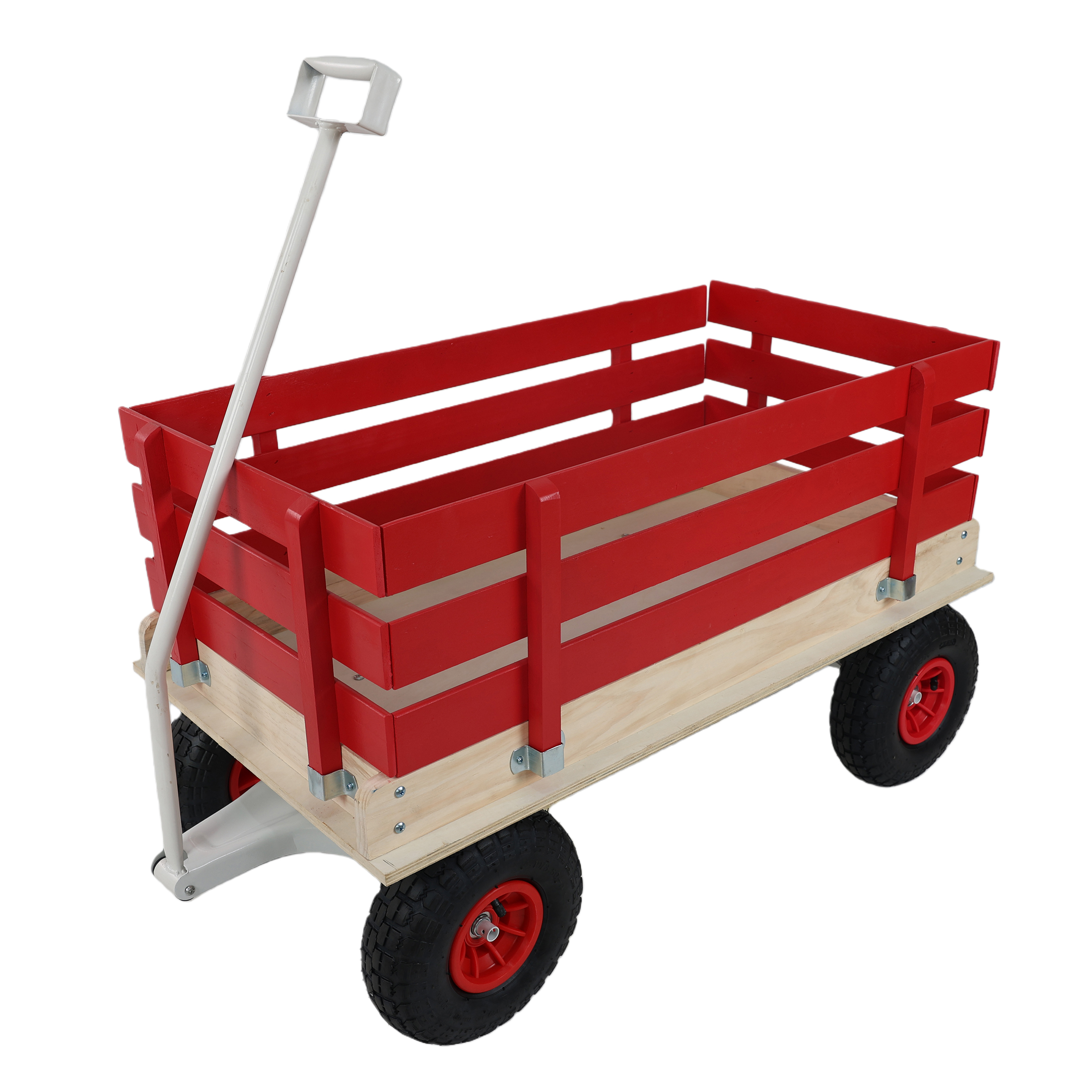 Chariot wagon bois rouge, poignée pliable, tout-terrain