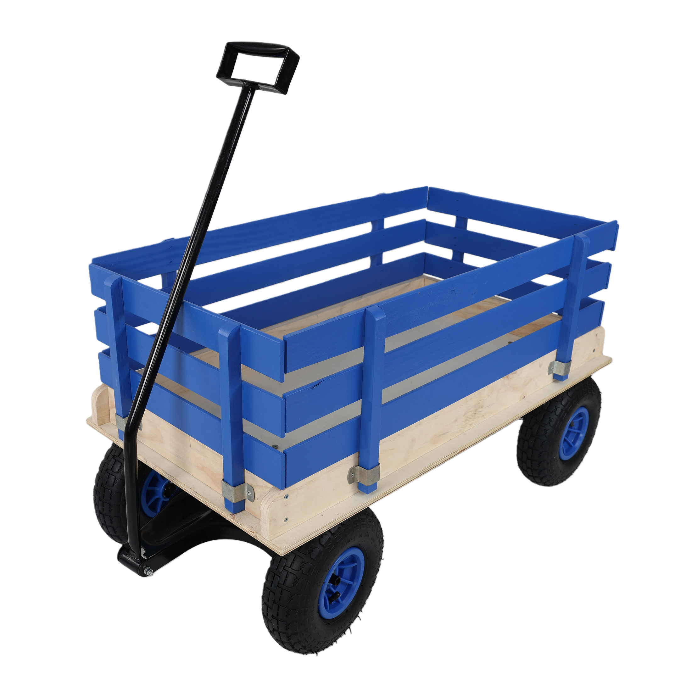 Chariot jouet enfant bois bleu, rails amovibles, roues tout terrain