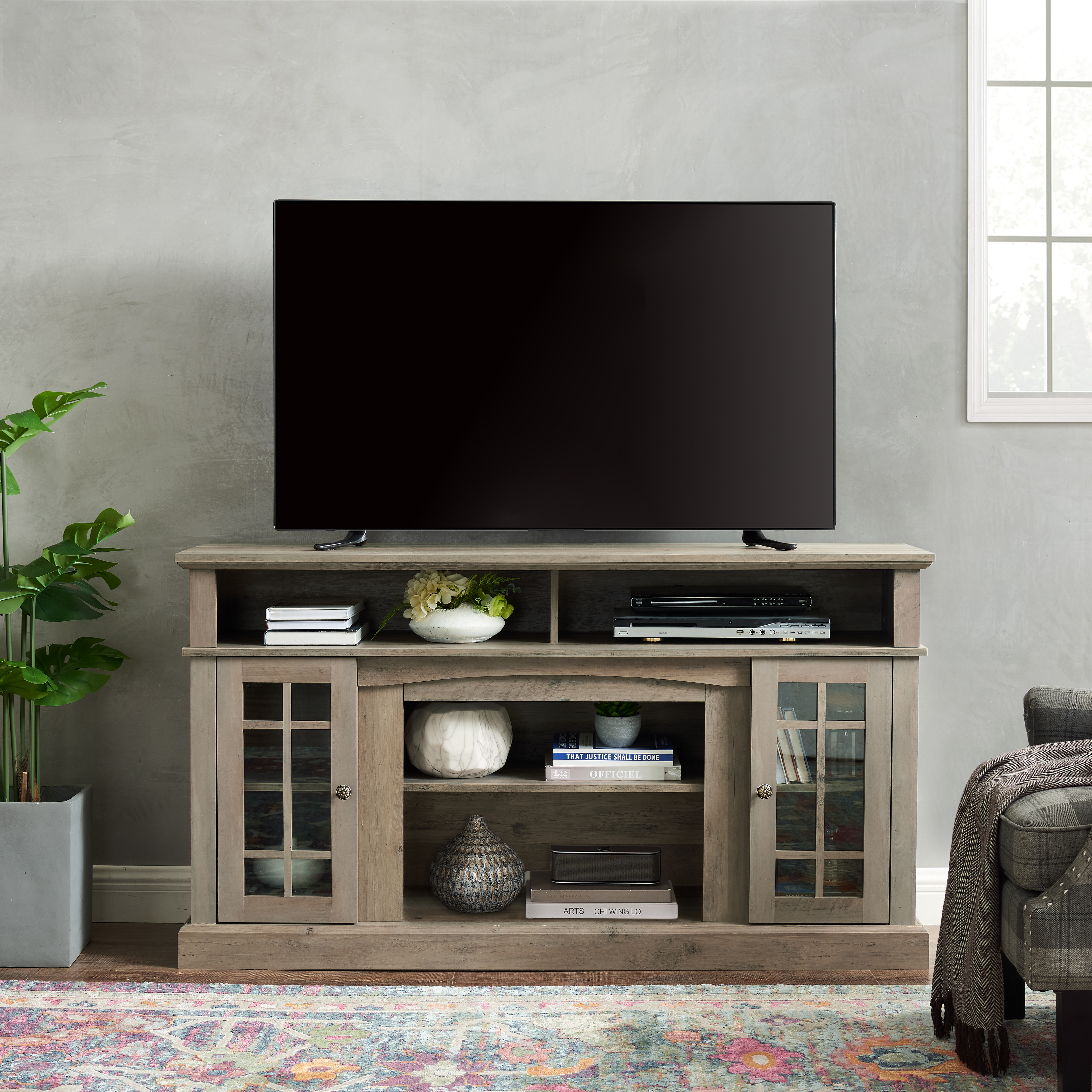 Meuble TV 58,25"L gris, rangements ouverts/fermés, jusqu'à 65"