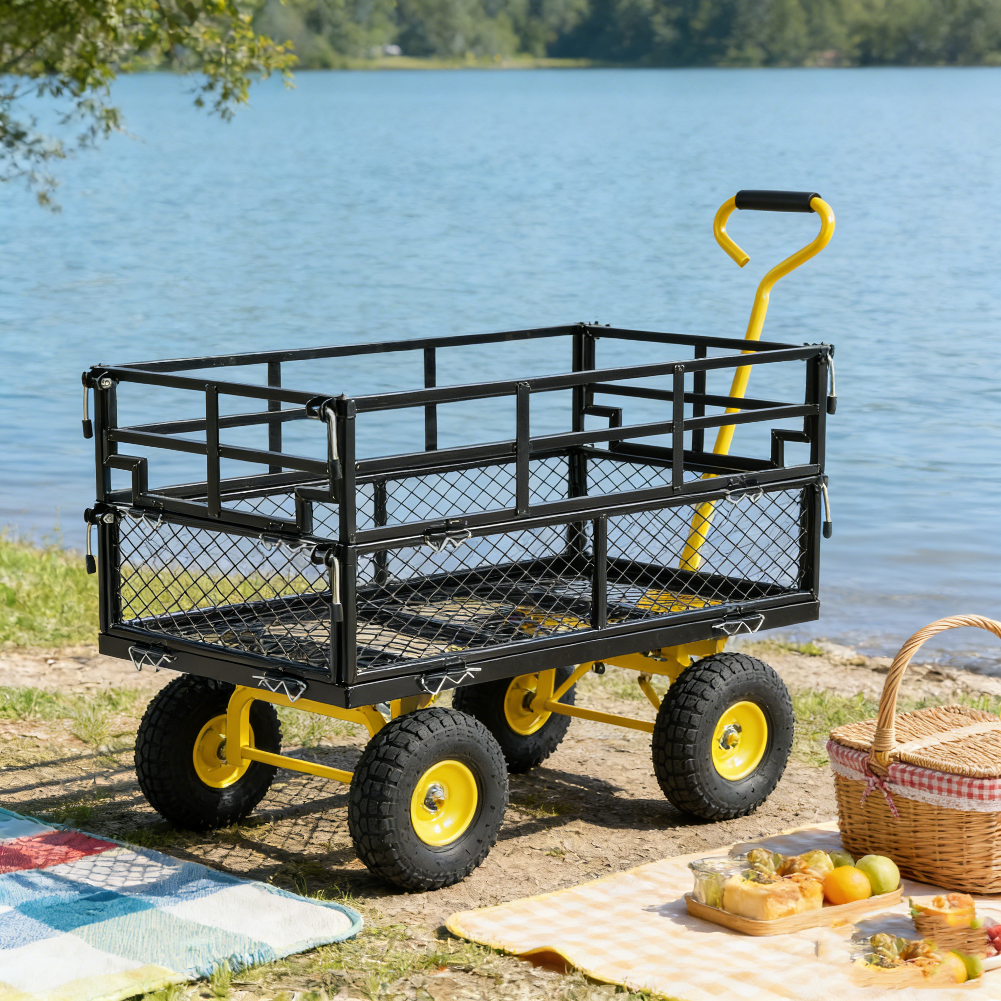 Chariot Jardin Transport Bois Jaune Noir