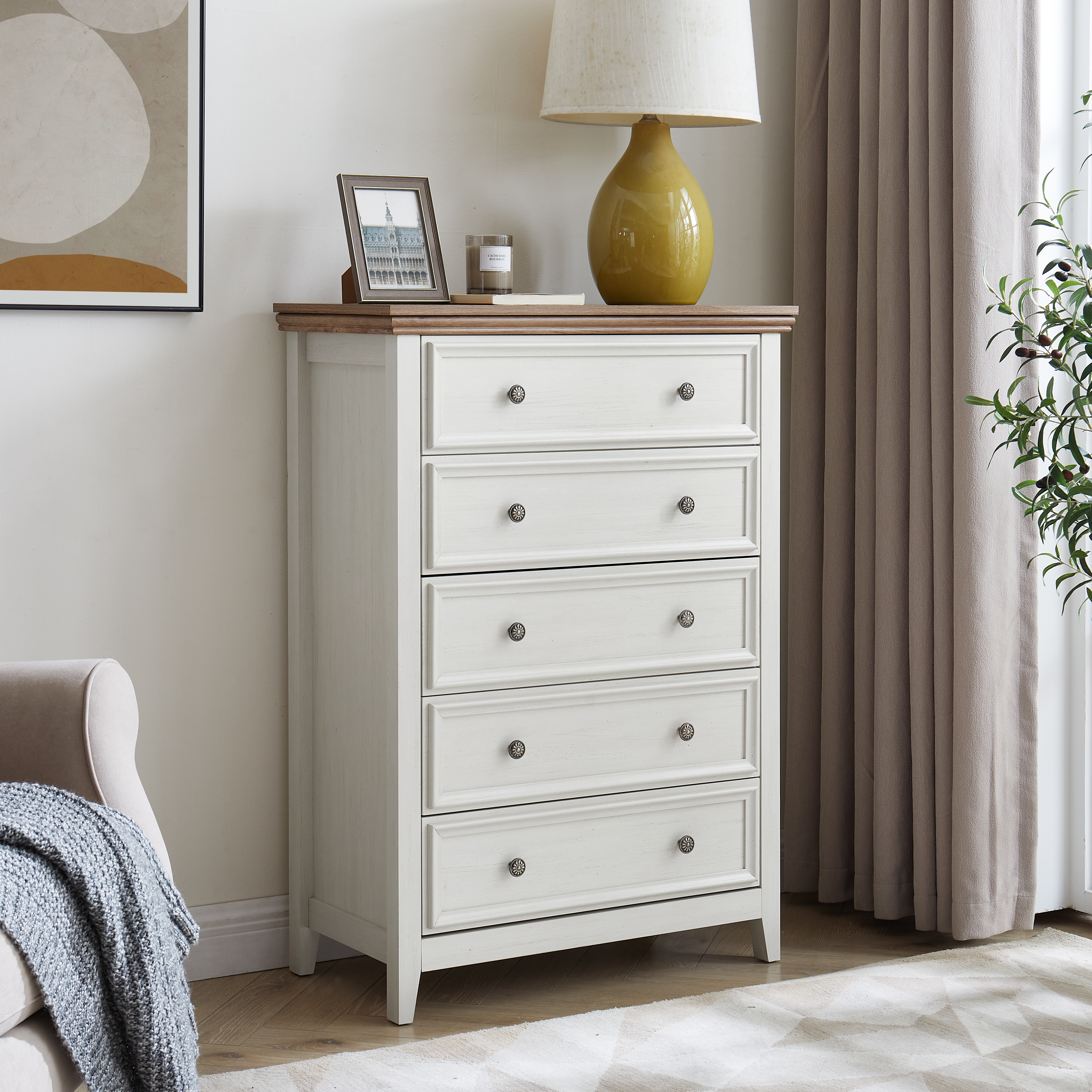 Commode 5 tiroirs beige rangement vêtements ferme