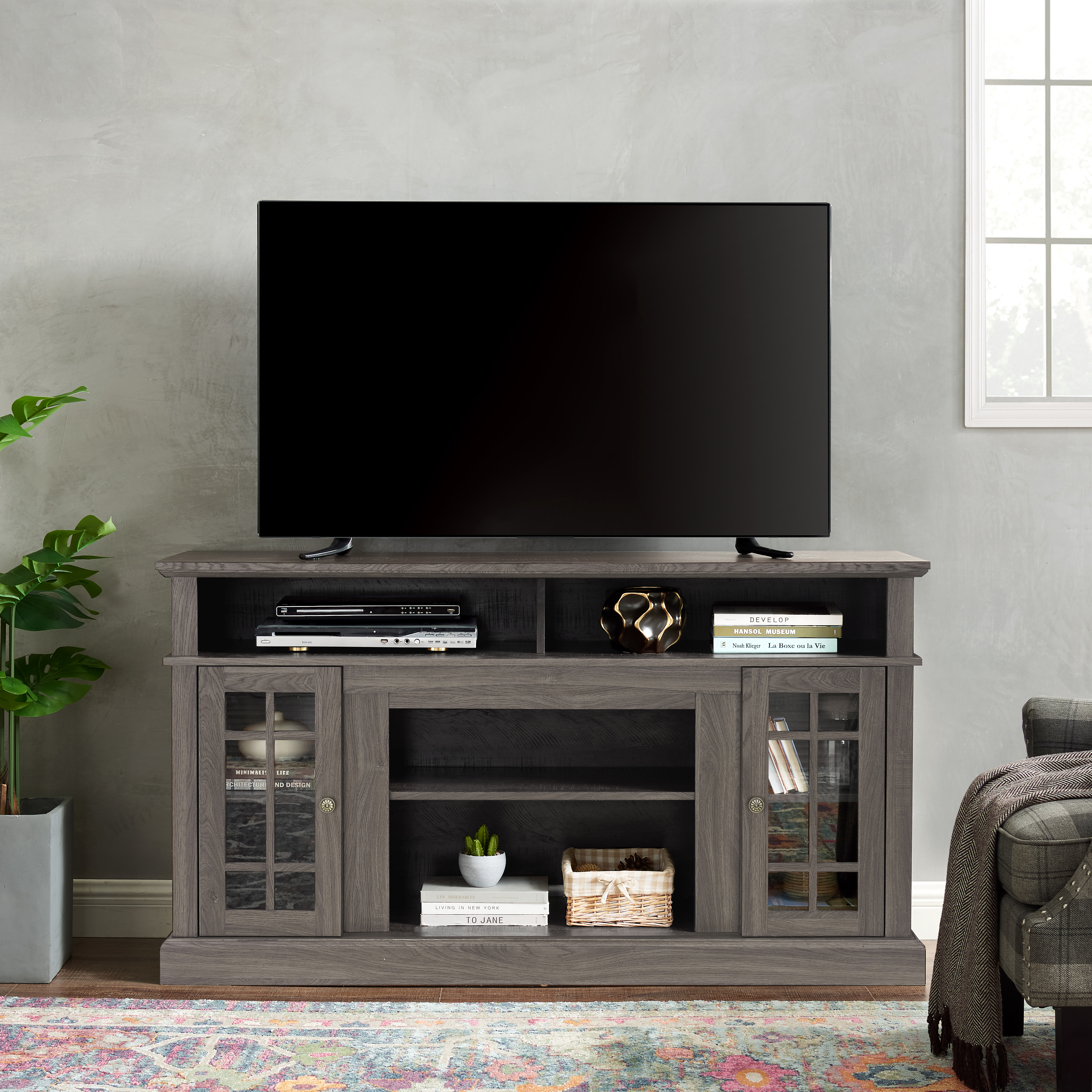 Meuble TV 58,25 po, rangement ouvert/fermé, noyer noir