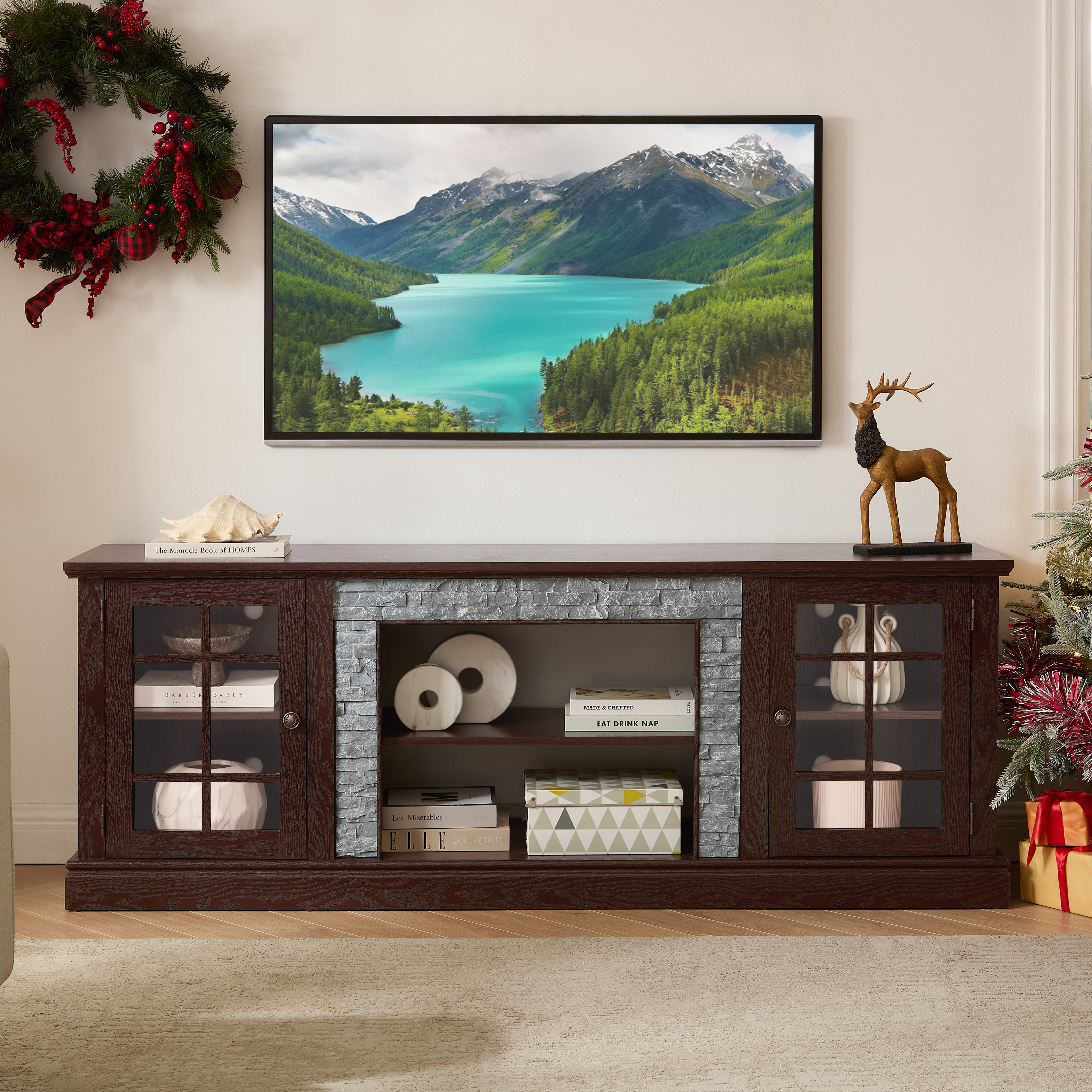 Meuble TV 70" 2 portes pierre faux cerisier