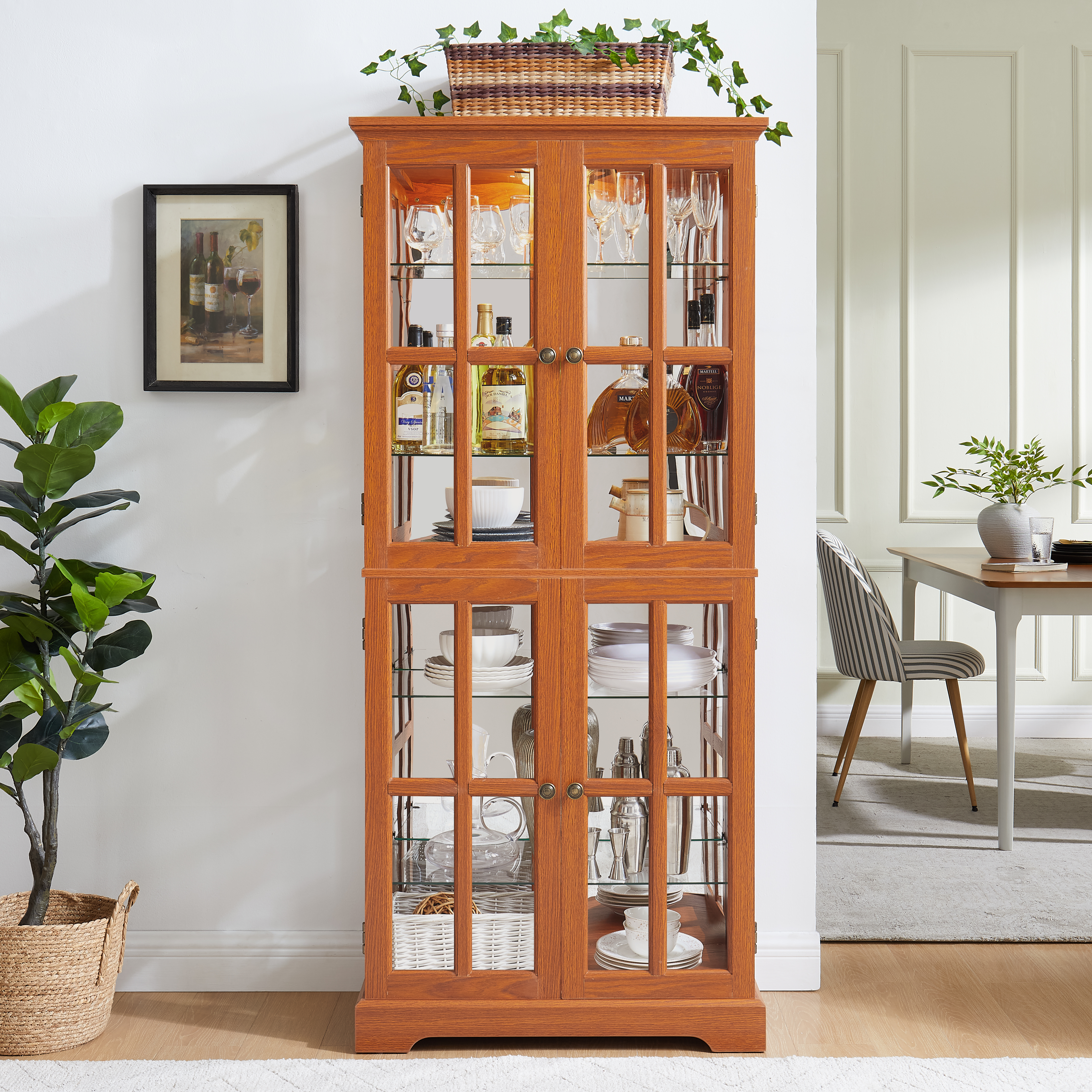 Armoire vitrine vintage portes verre, 4 tablettes, chêne foncé