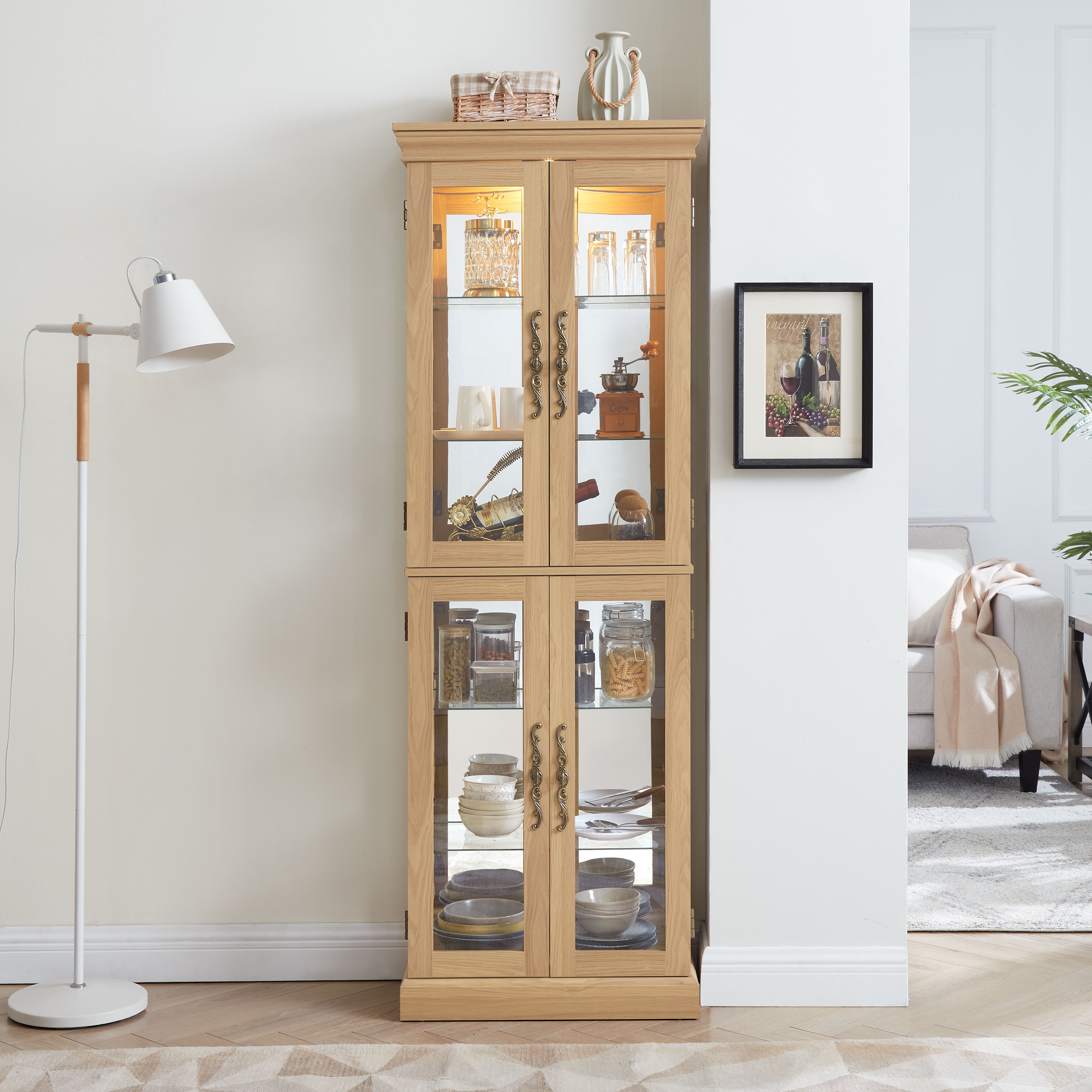 Vitrine avec éclairage, verre, cabinet rangement, chêne clair