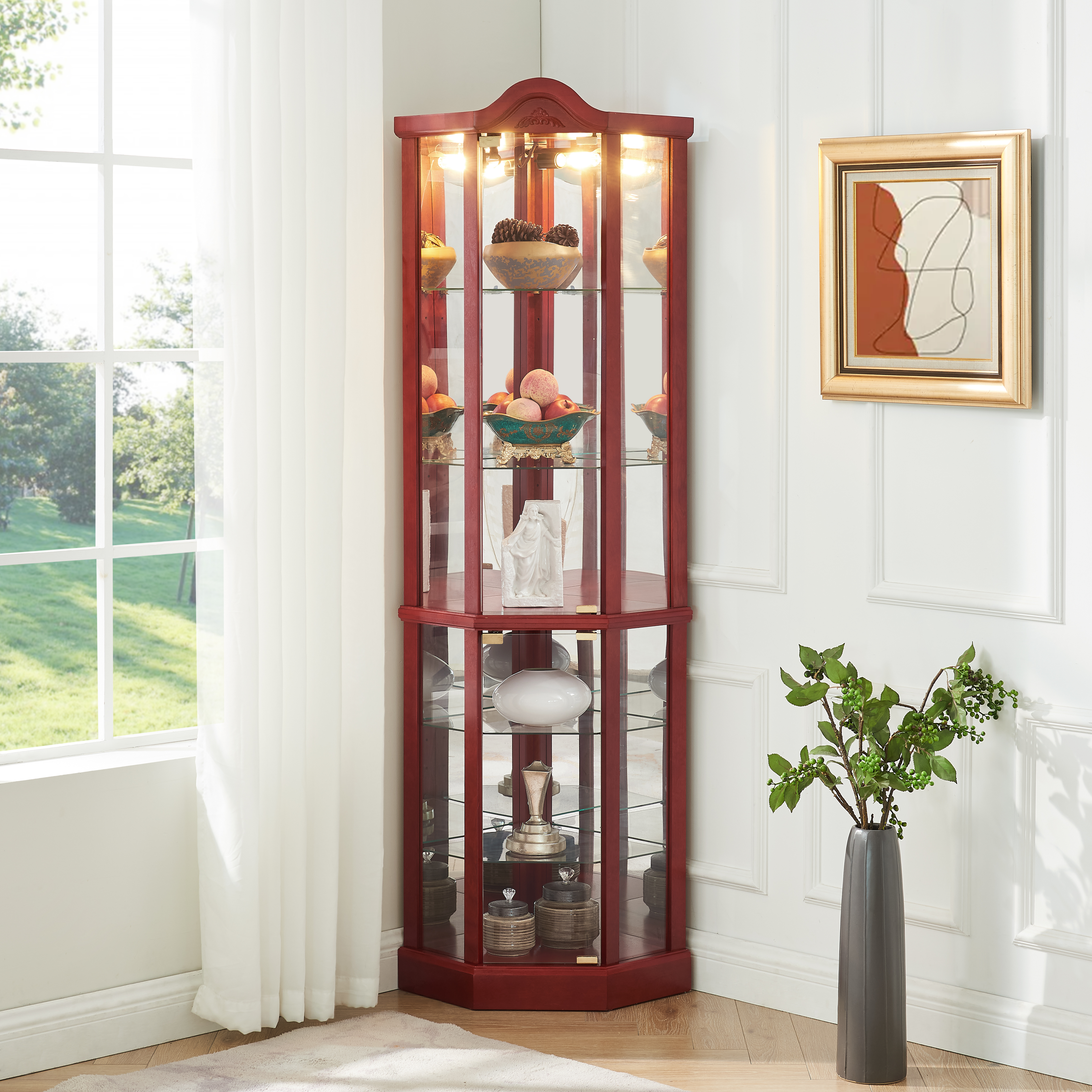 Armoire Vitrine Verre Coin Lumière Bar Vin Étagères Ajustables Cerisier