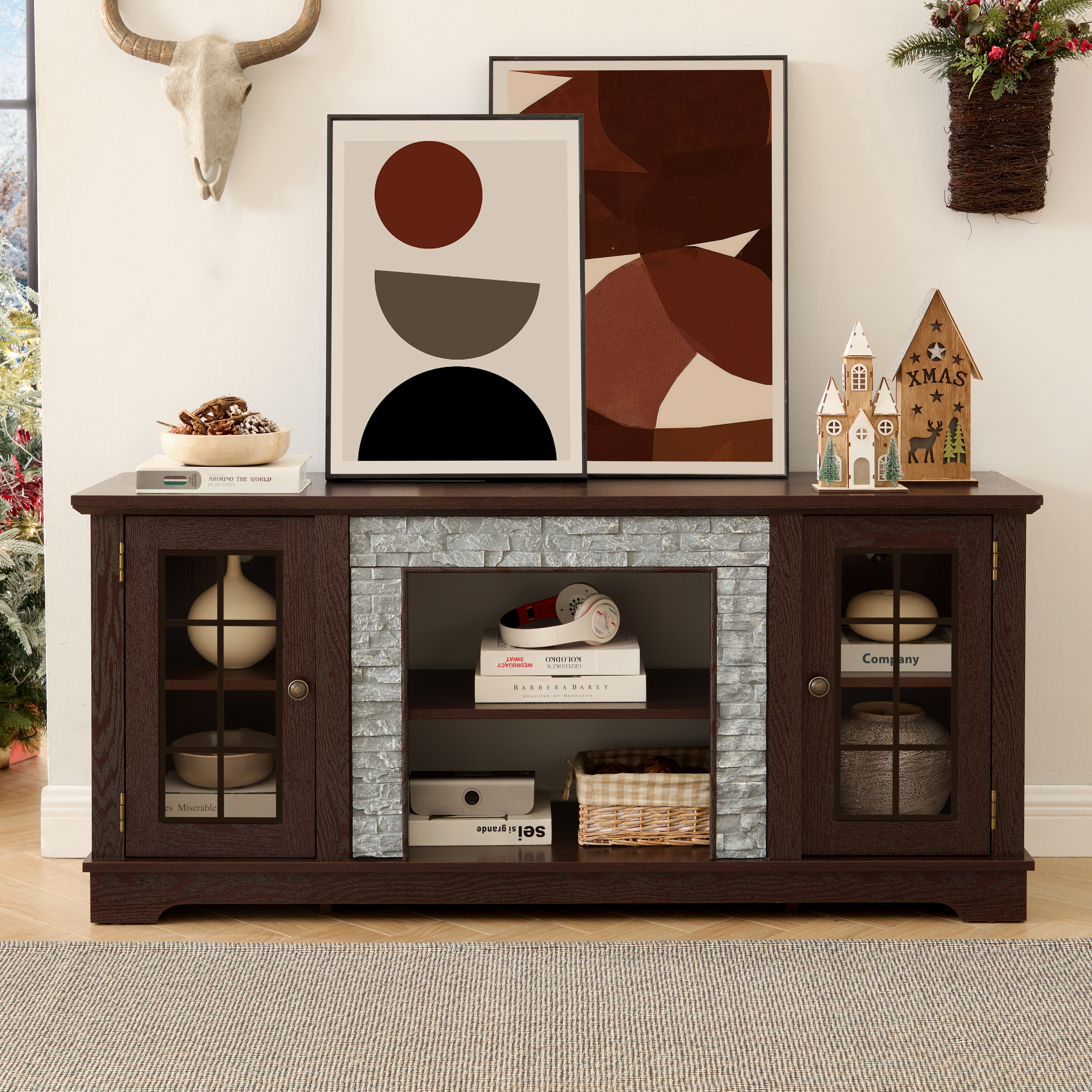 Meuble TV 58 po, 2 portes rangement, console pierre factice, cerisier