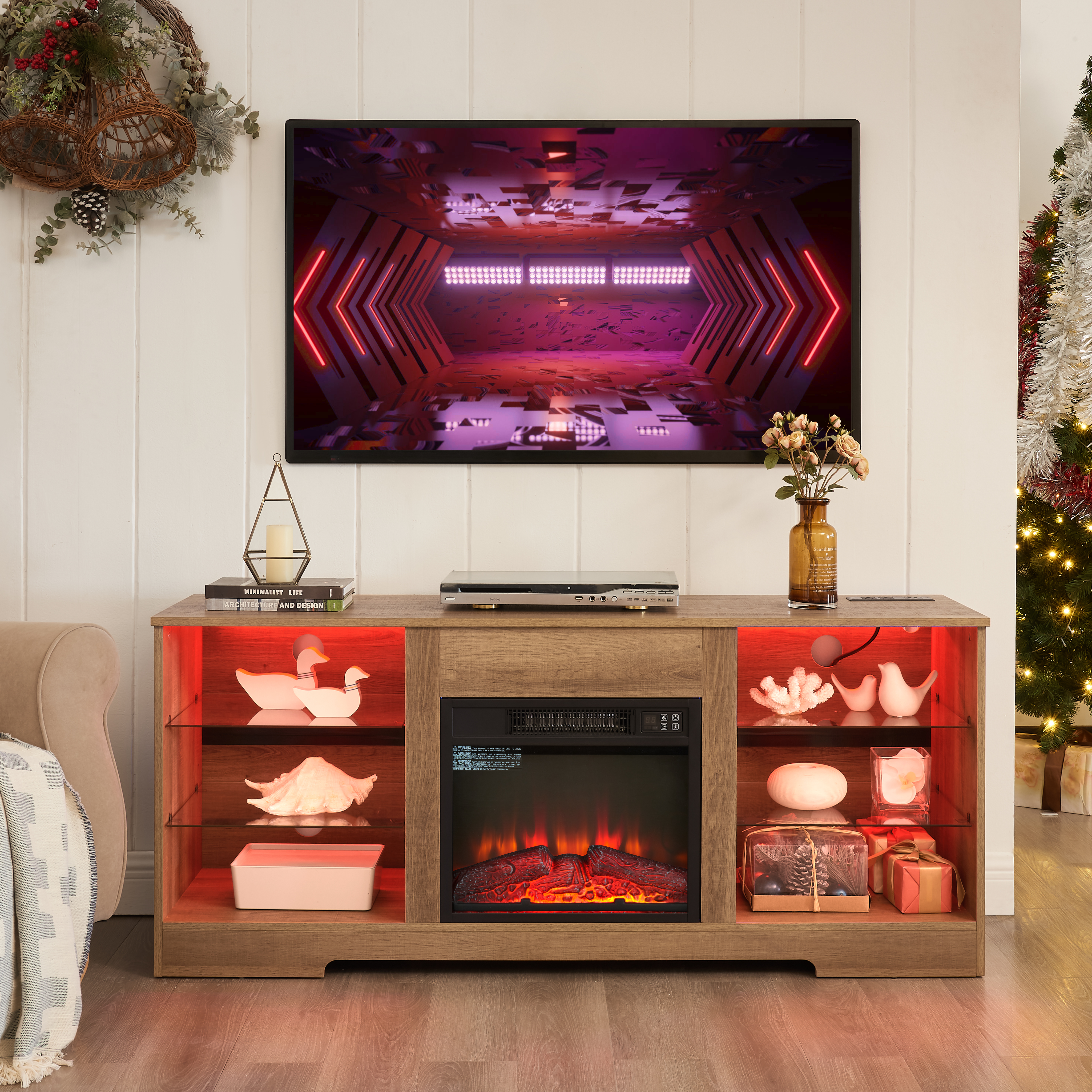 Meuble TV foyer électrique 58"L, verre, DEL, chêne, 32-62"