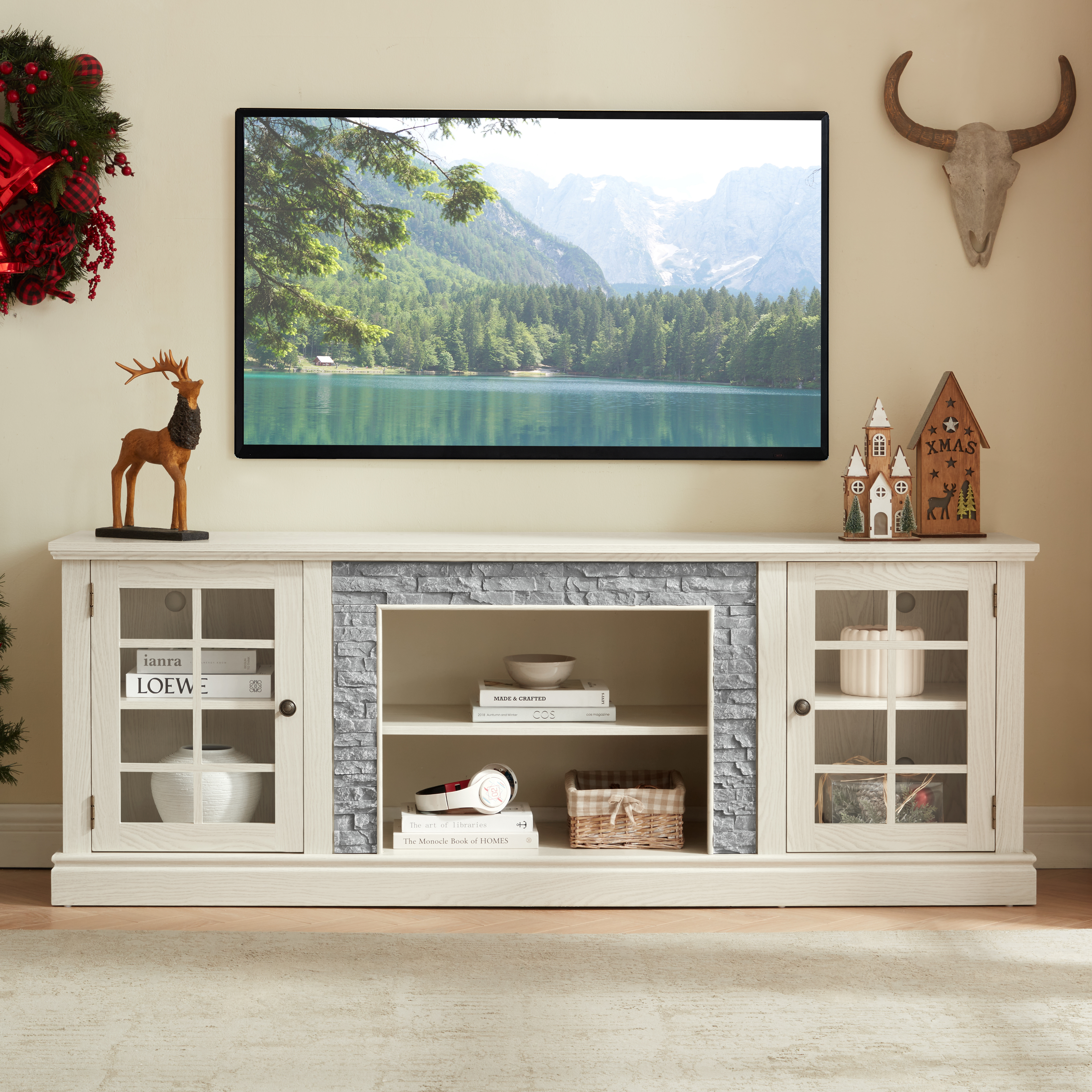Meuble télé 70po moderne 2 portes pierre synthétique blanc grand