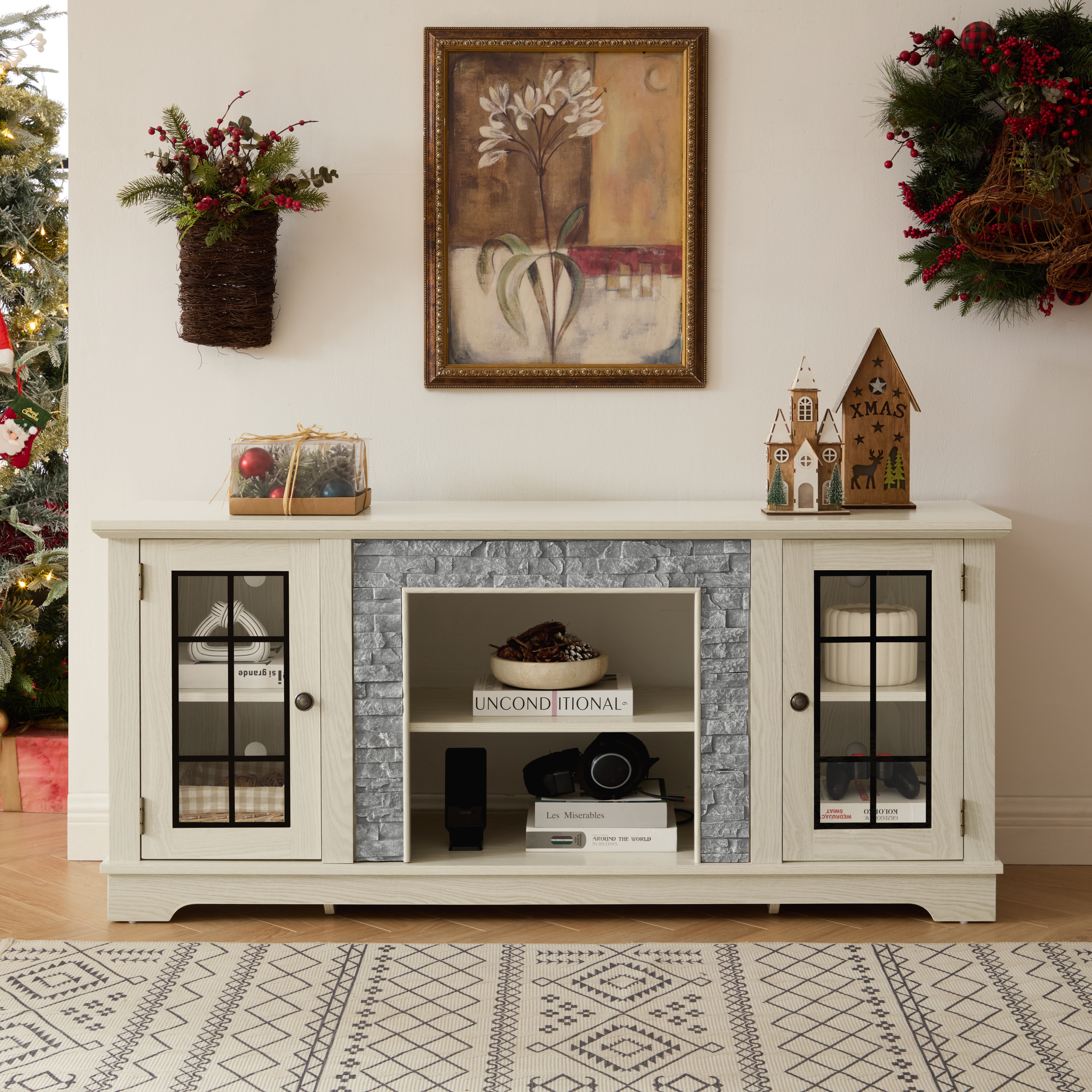 Meuble TV 58 po, 2 portes rangement, console pierre factice, blanc