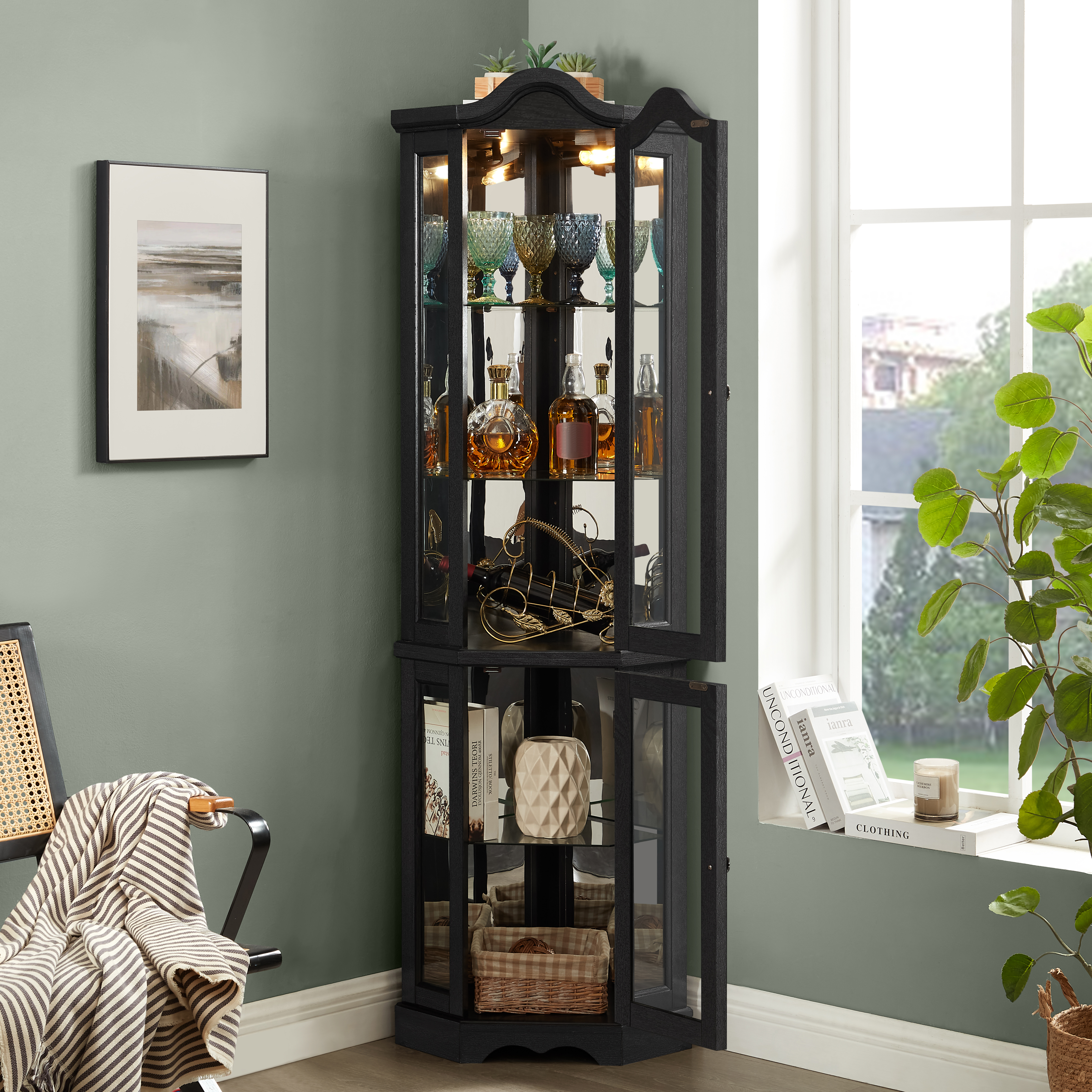 Armoire vitrine coin éclairée, portes verre, chêne noir