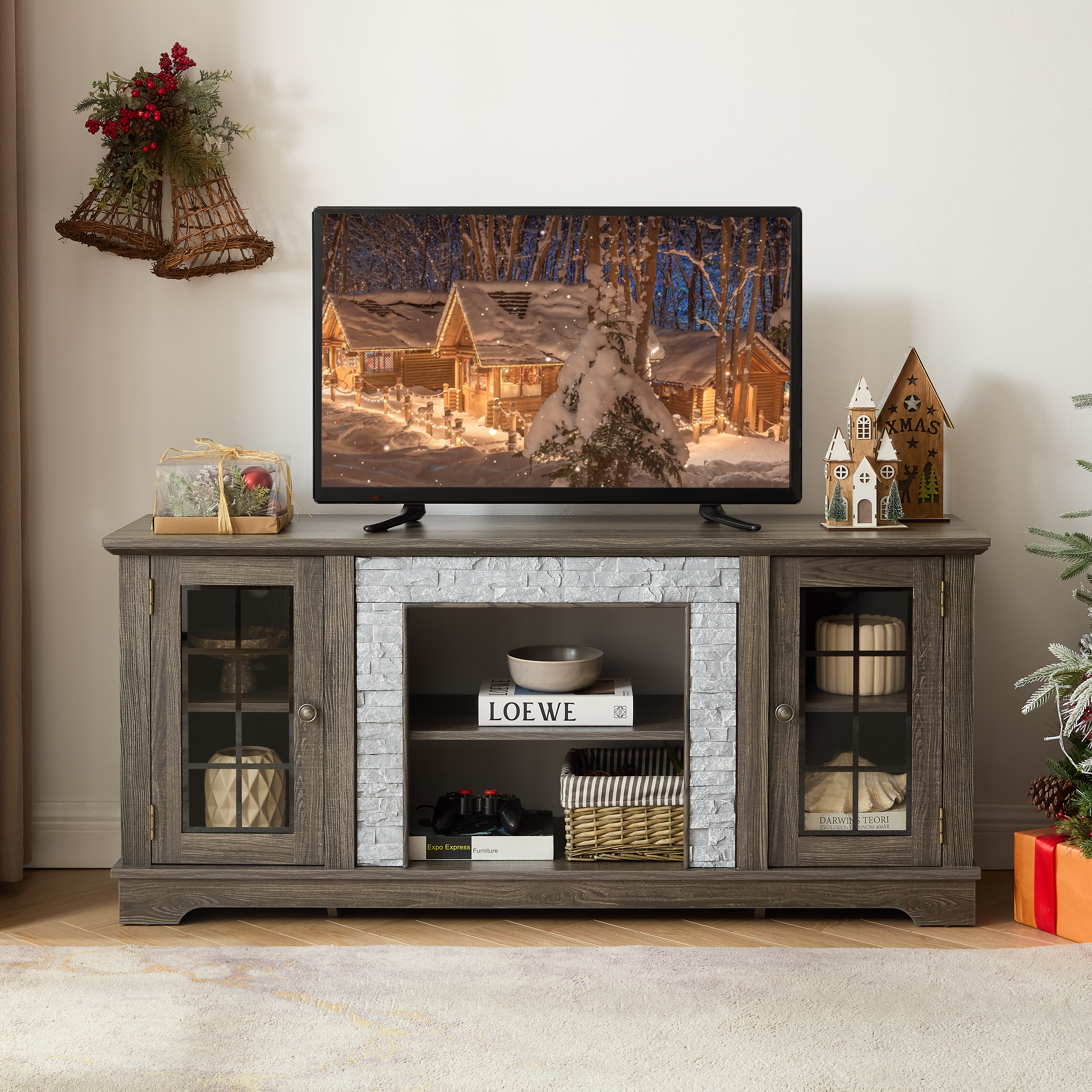 Meuble TV 58" 2 portes pierre gris divertissement salon