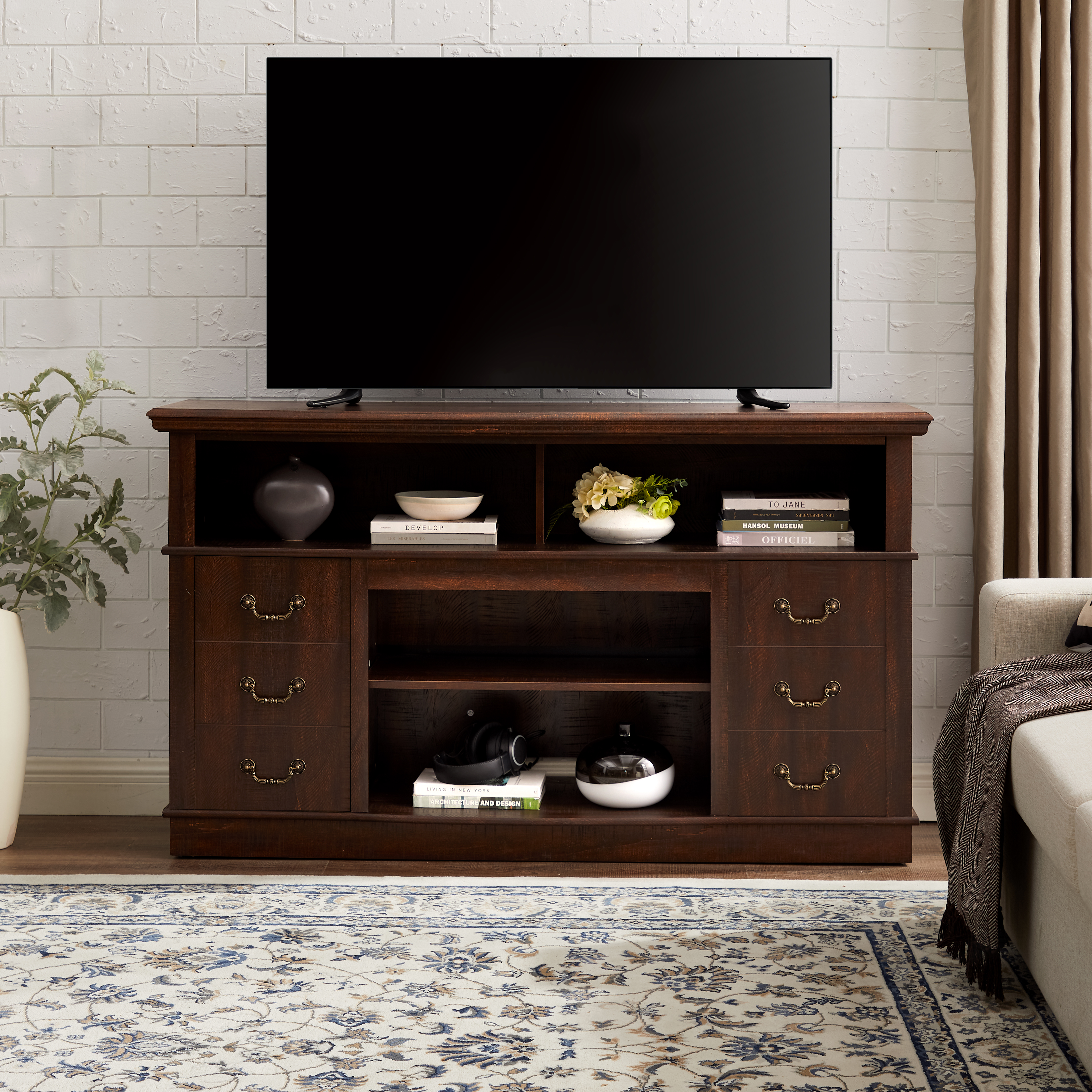 Meuble TV rétro 65po rangement, moderne milieu siècle, espresso 60x15,75x34,25po