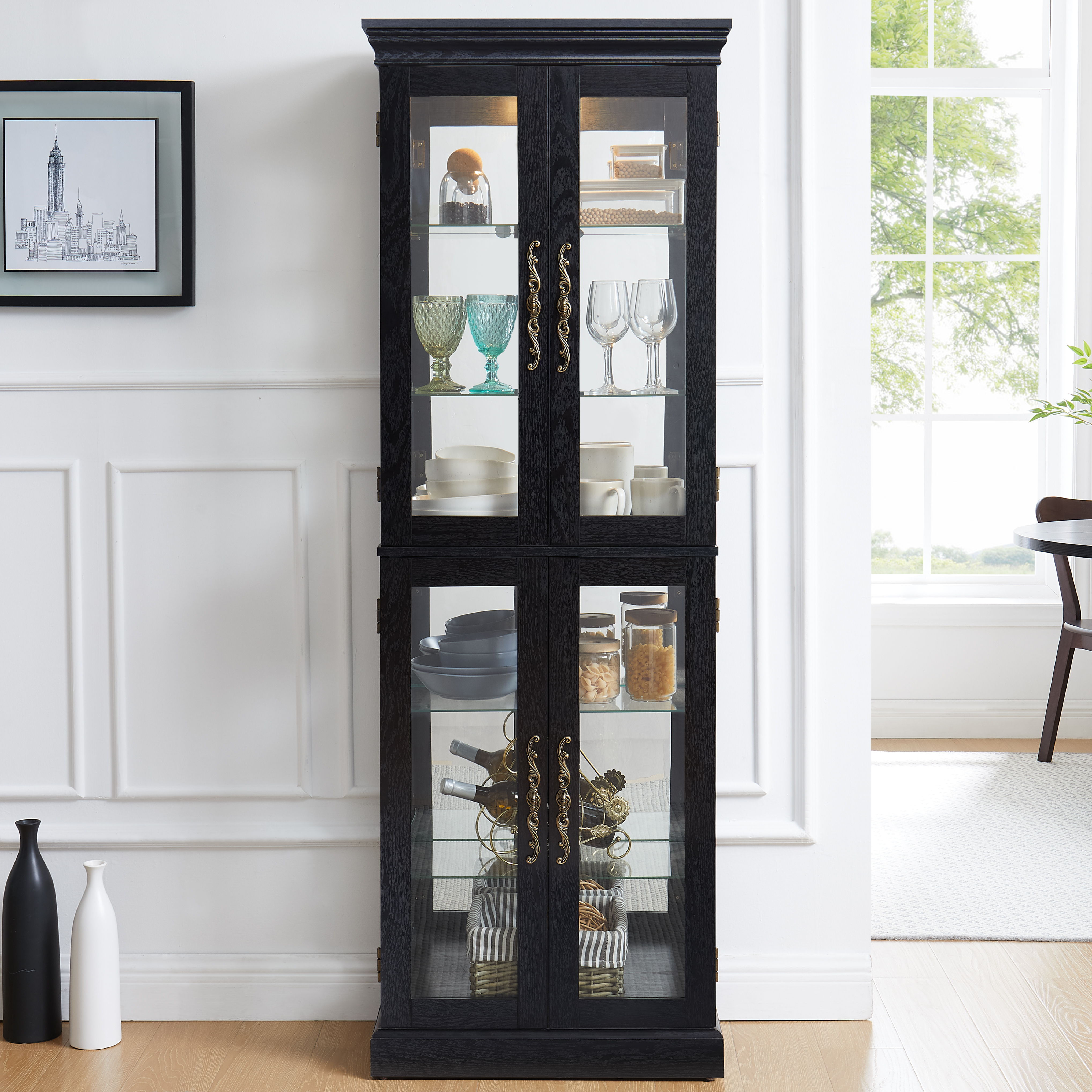 Vitrine éclairée verre cadre bois noir collectibles