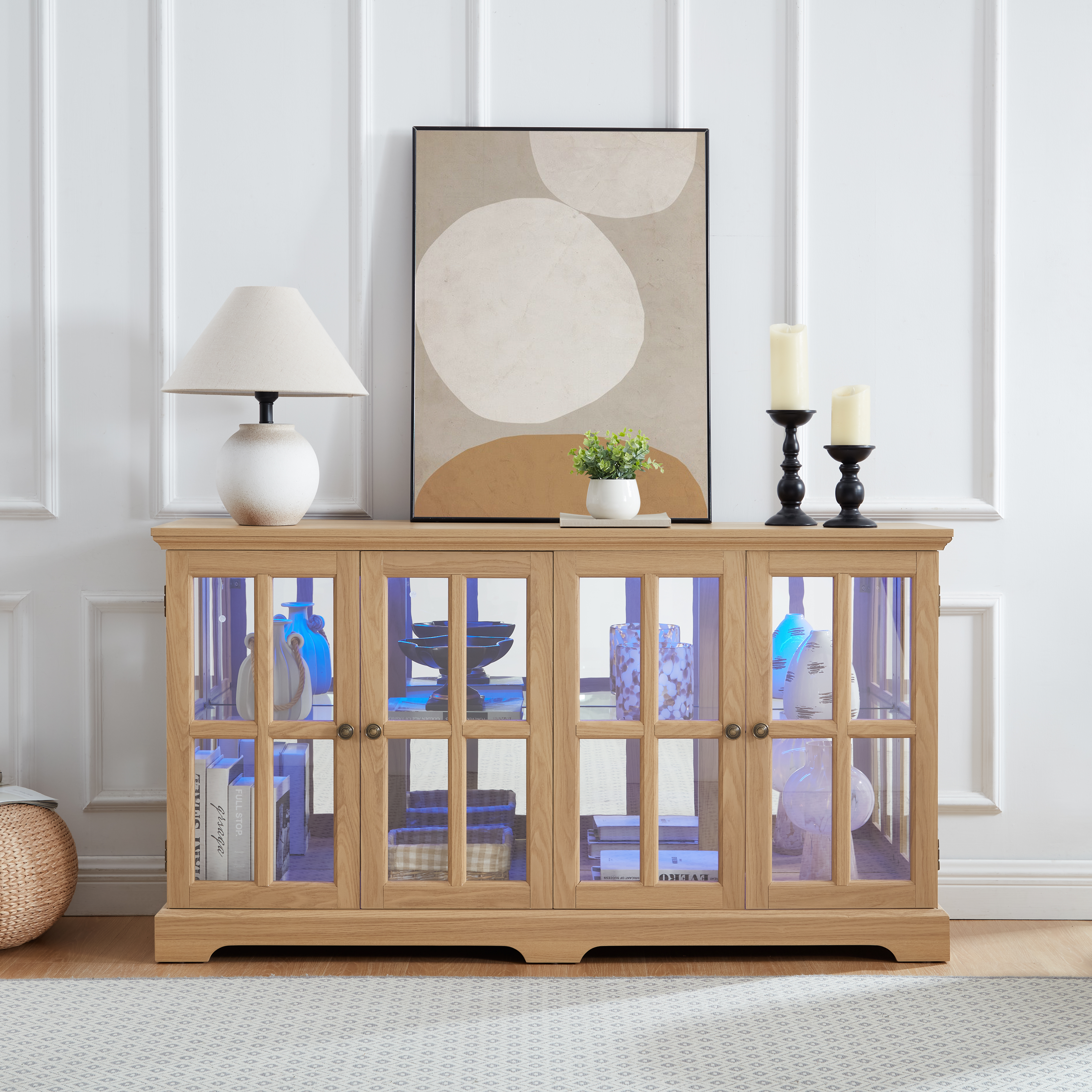 Armoire vitrine LED 4 portes, tablettes ajustables, chêne antique
