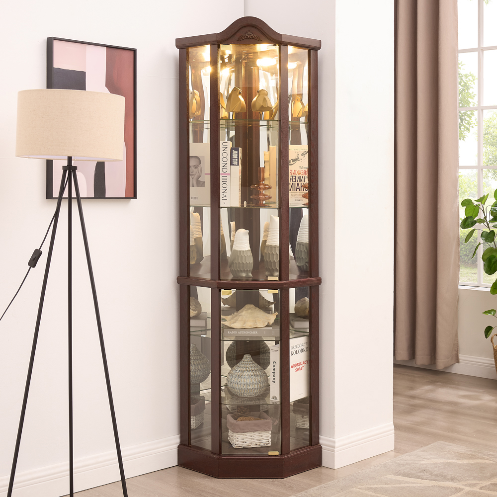 Armoire vitrine coin éclairée cerisier foncé, lumière incluse