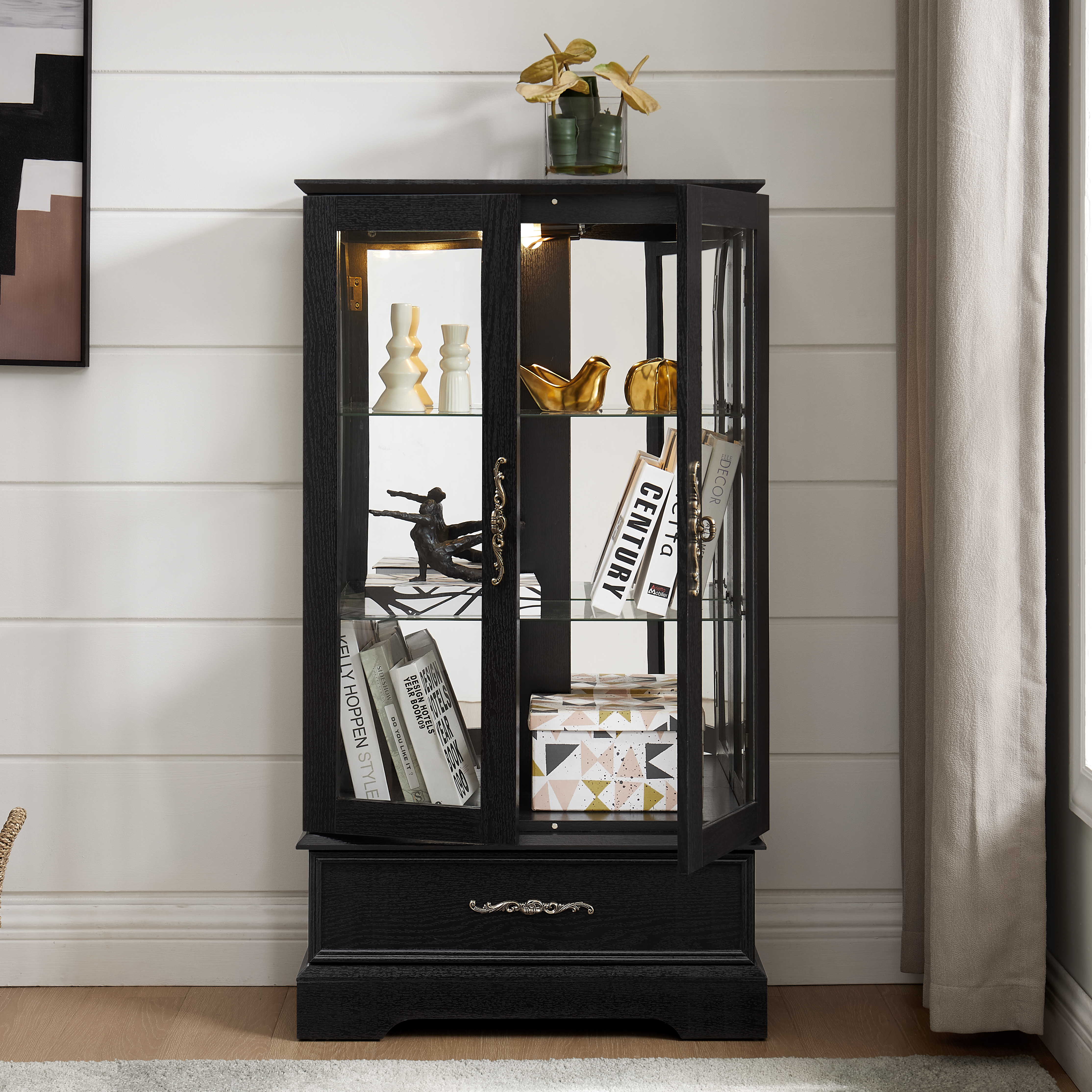 Vitrine Verre Lighted Portes Noire Étagères Ampoule