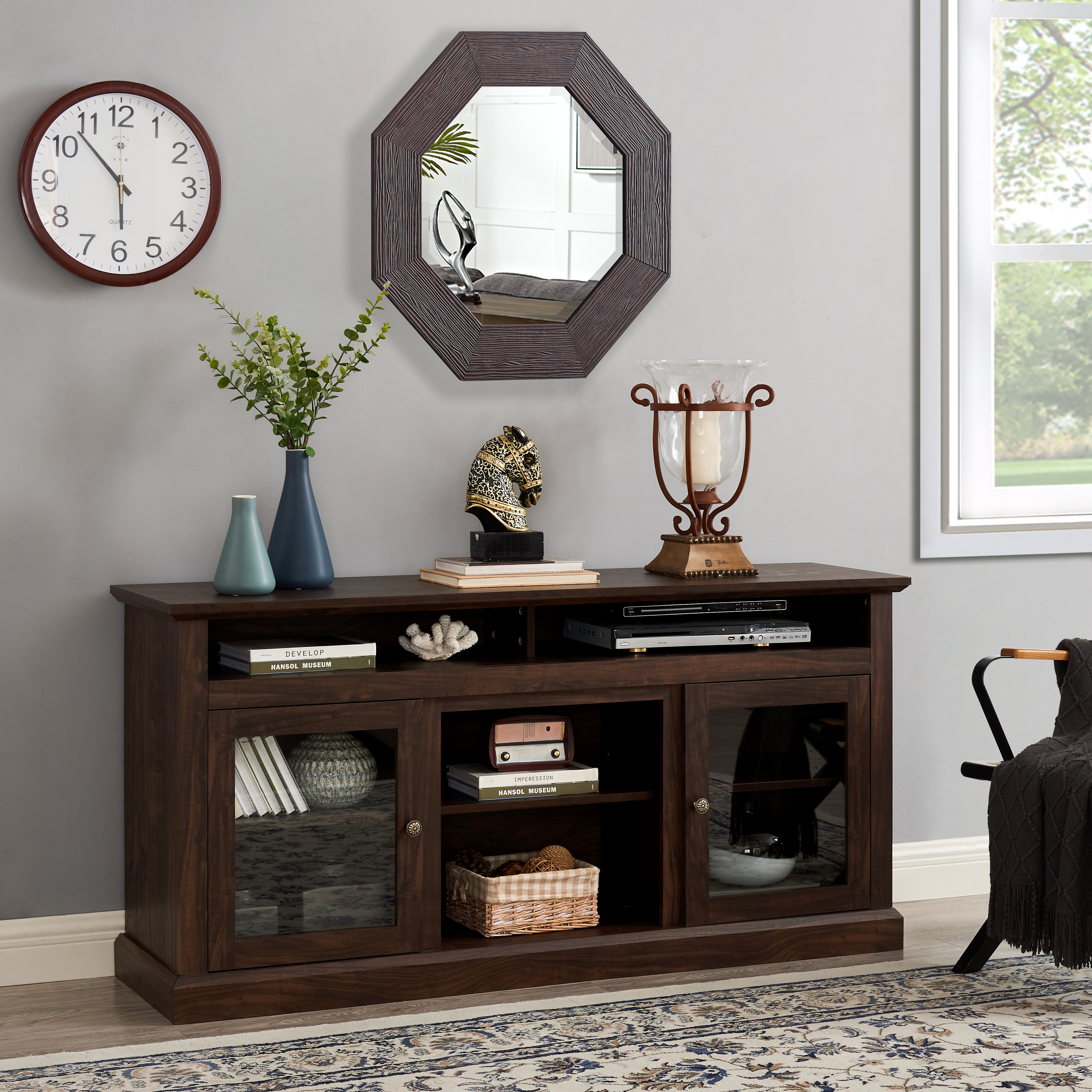 Meuble TV 65 po, portes vitrées, style ferme, brun 60 po l