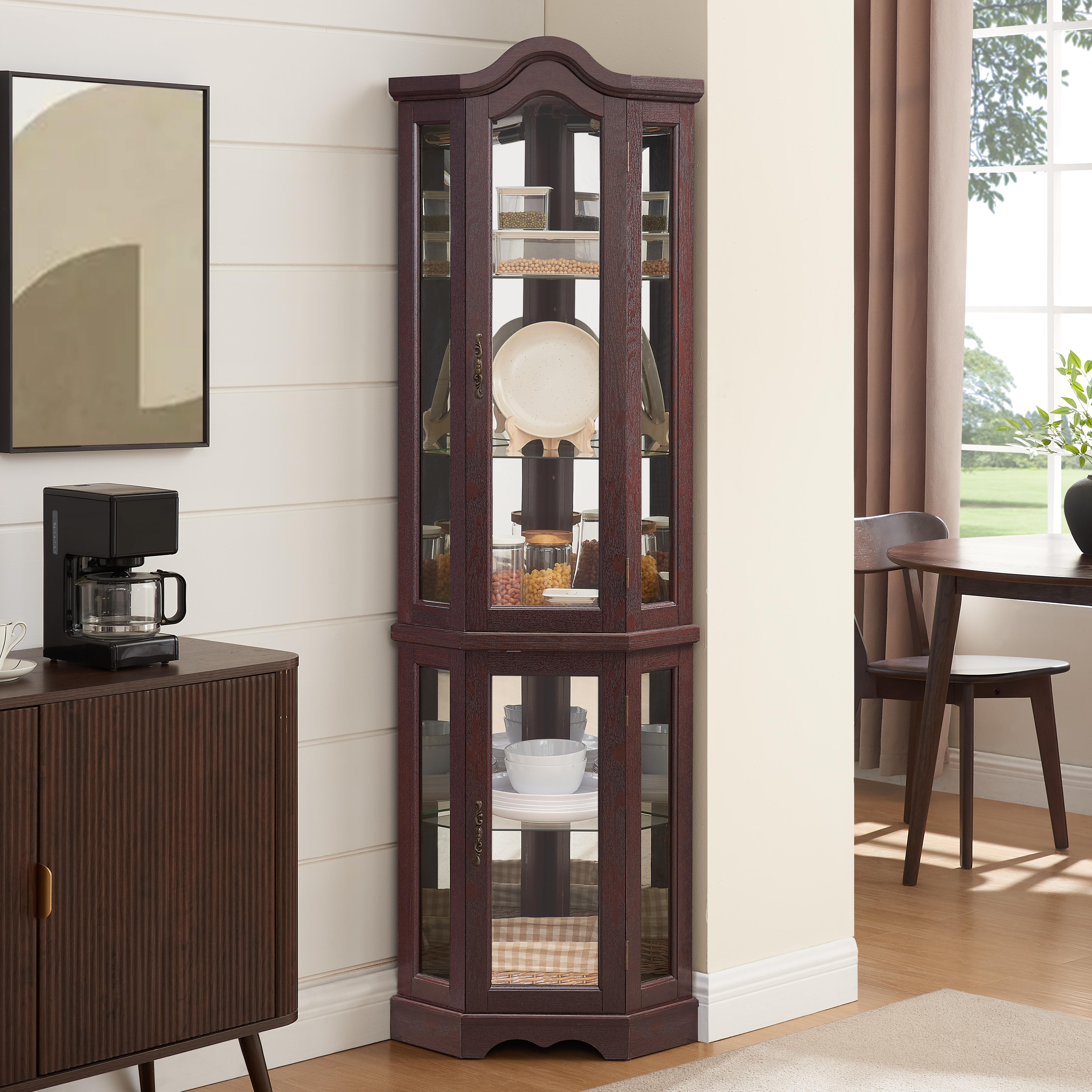 Armoire vitrine coin éclairée cerisier foncé, portes verre