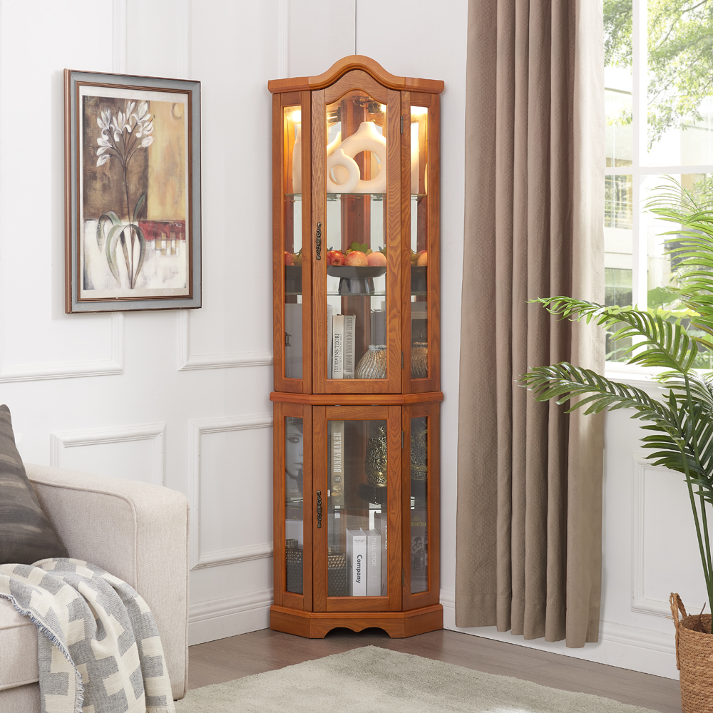 Armoire vitrine éclairée en verre trempé, coin, rangement chêne