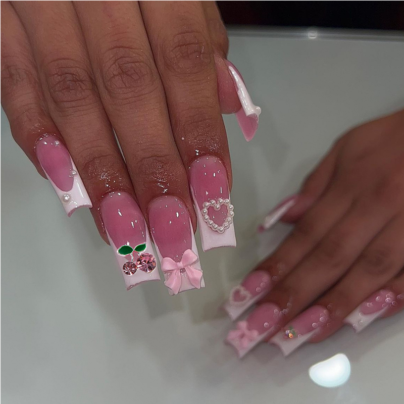 24 ongles art cerise nœud