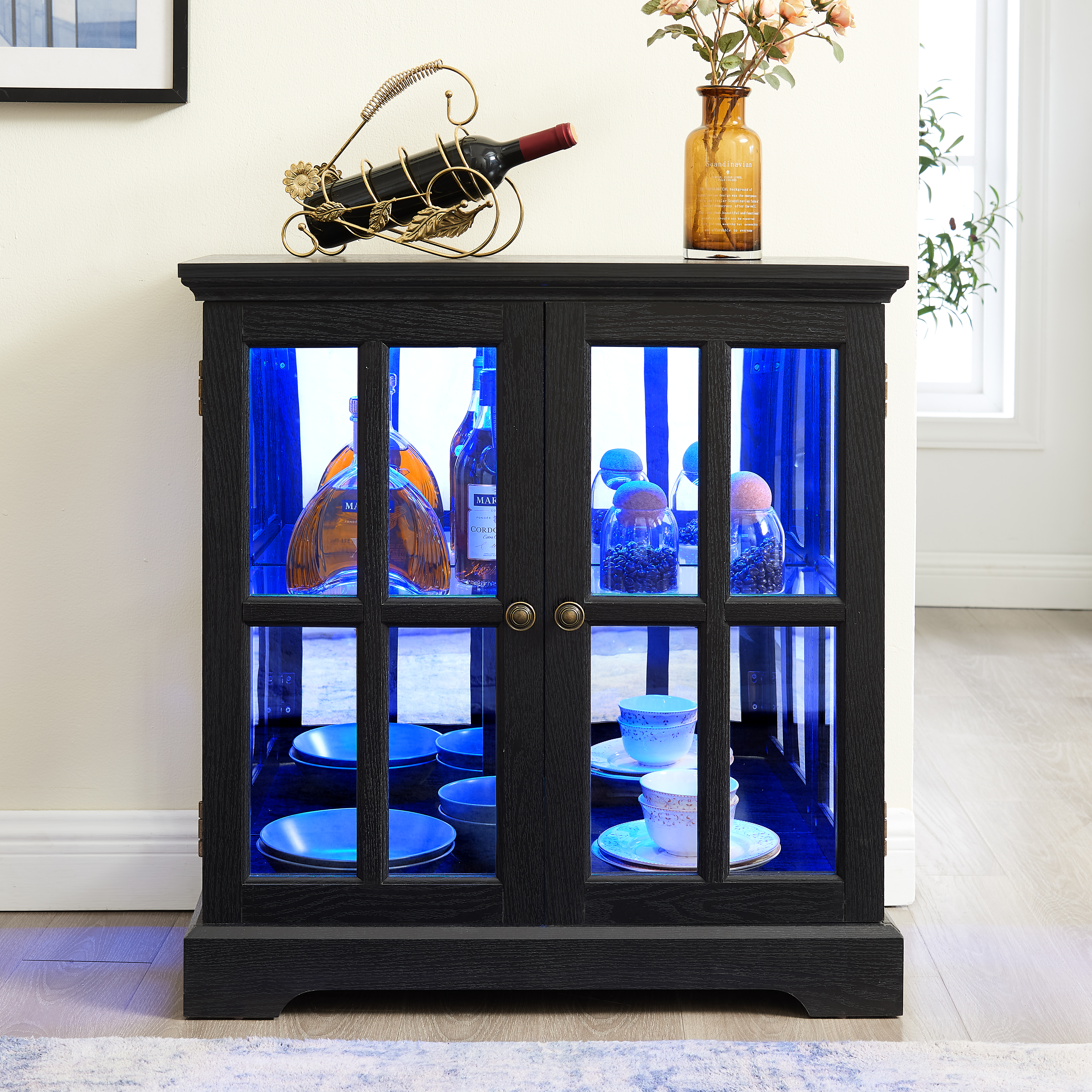 Cabinet vitré LED design rétro portes lattis noir