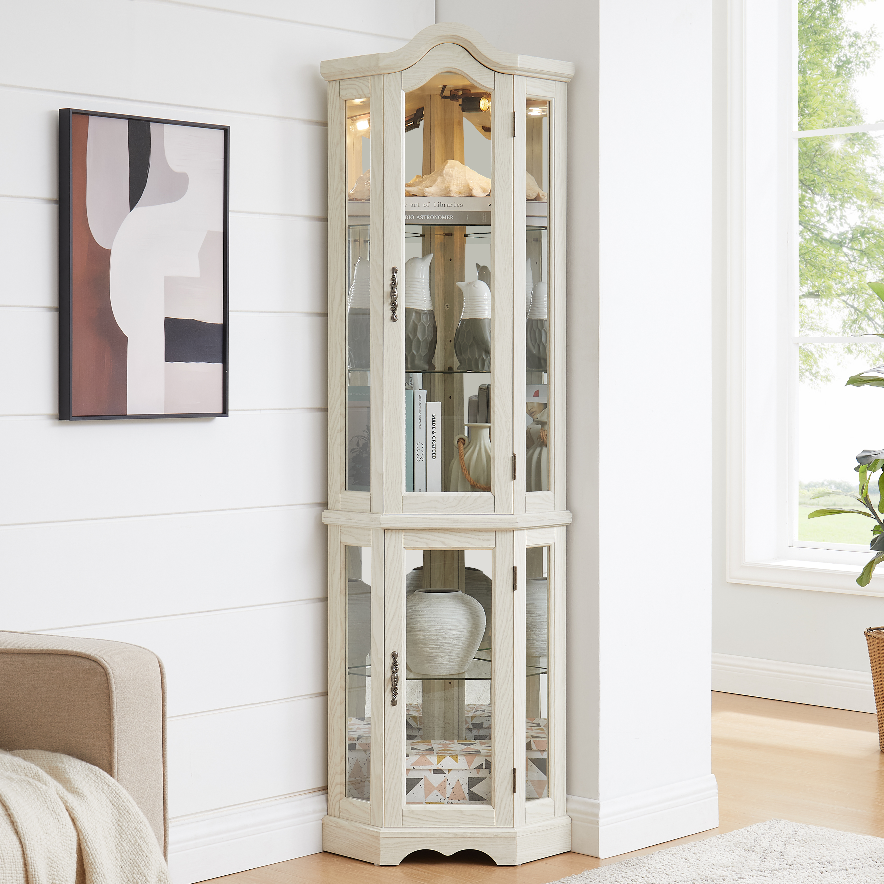 Armoire vitrine éclairée portes verre coin blanc