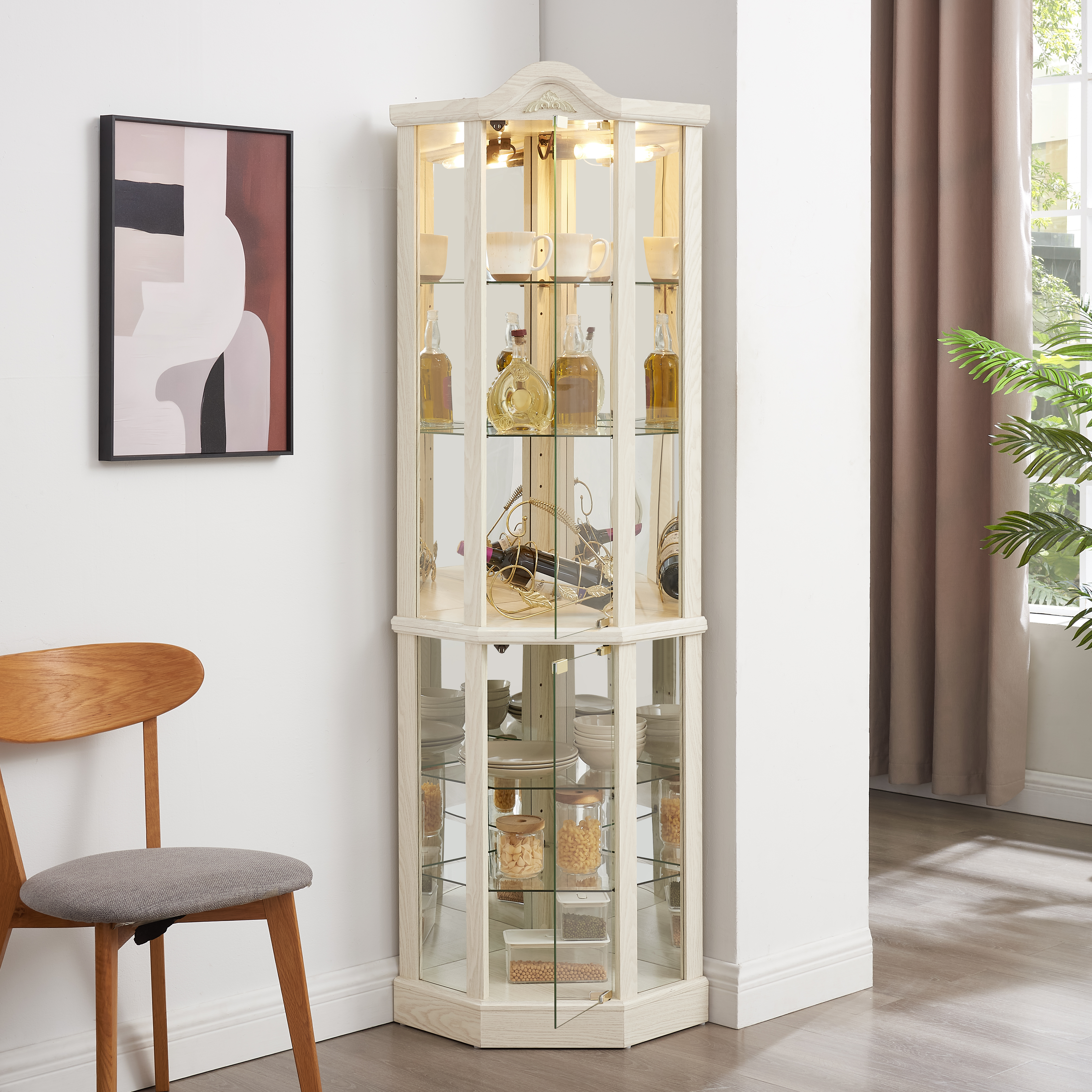 Armoire vitrée d'angle éclairée, 4 portes verre, blanc, lumière