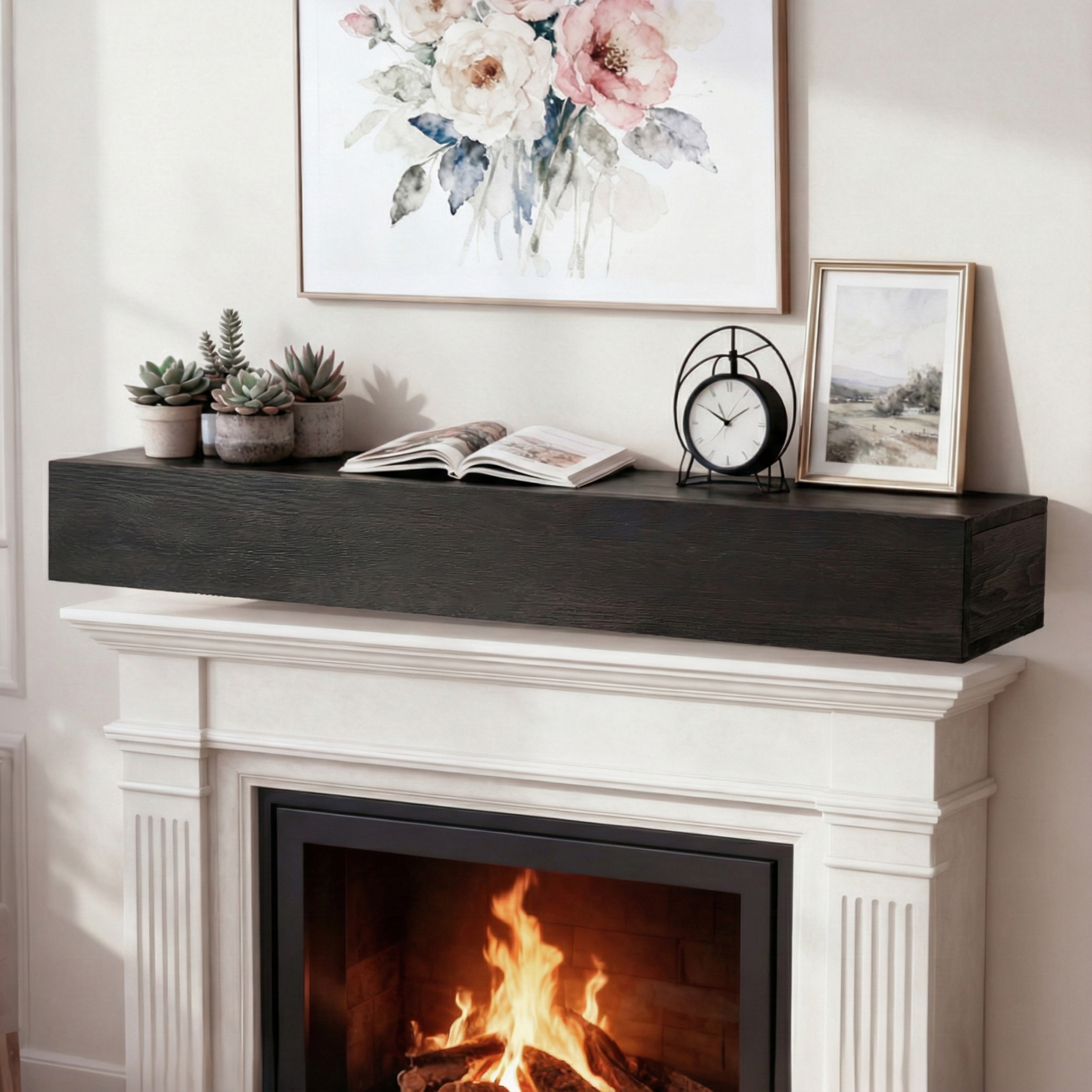 Manteau foyer bois rustique 60po flottant mural
