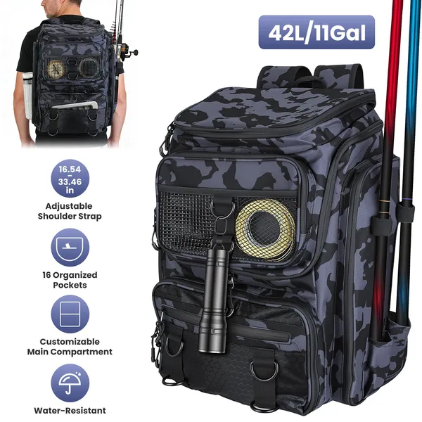 Sac pêche 42L, 16 poches, imperméable