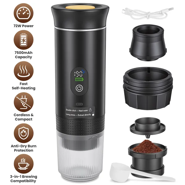 Machine espresso portable 3-en-1 batterie 7500mAh 20bar
