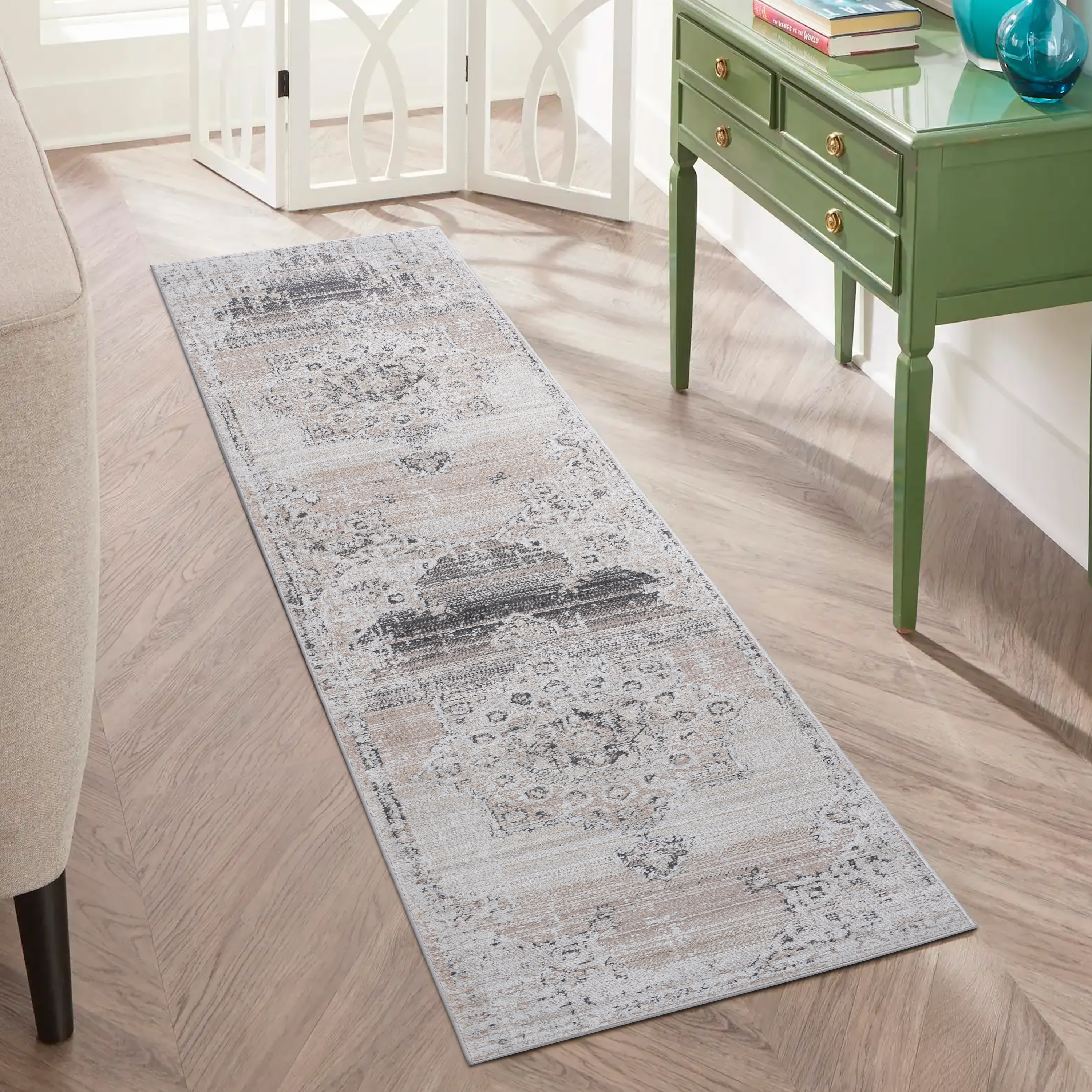 Tapis coureur PAYAS 2X8 crème beige médaillon