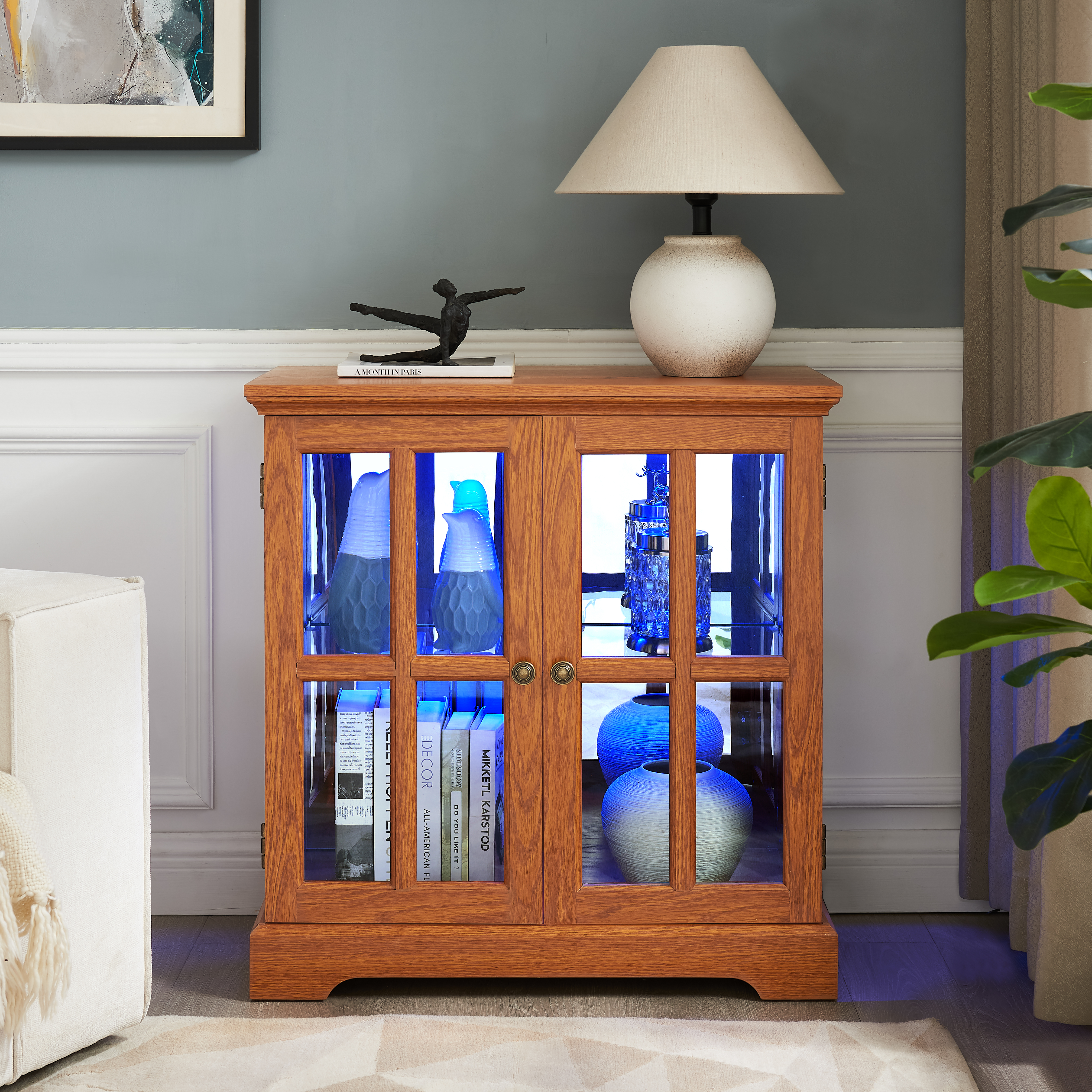 Cabinet vitré LED design rétro portes lattis chêne foncé
