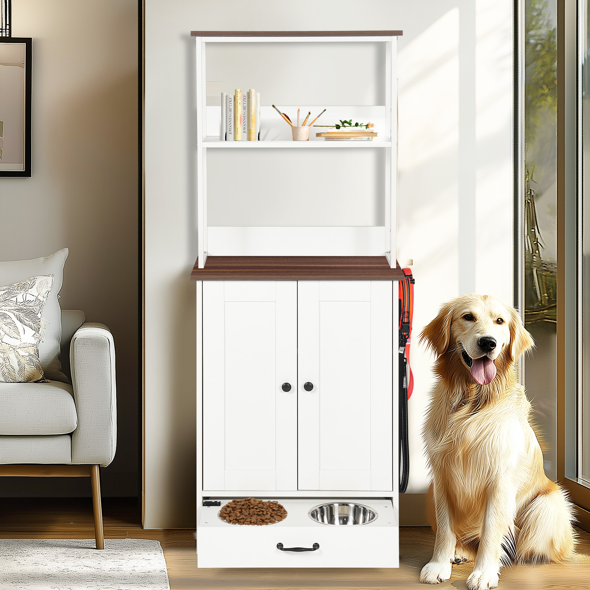 Station alimentation animaux, bols ajustables, rangement, blanc, 2 étages