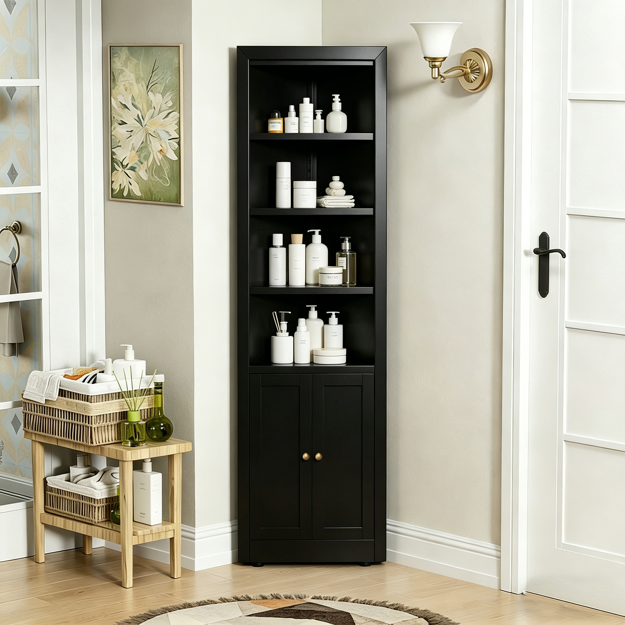 Armoire rangement coin 71 po 2 portes 5 étages noir
