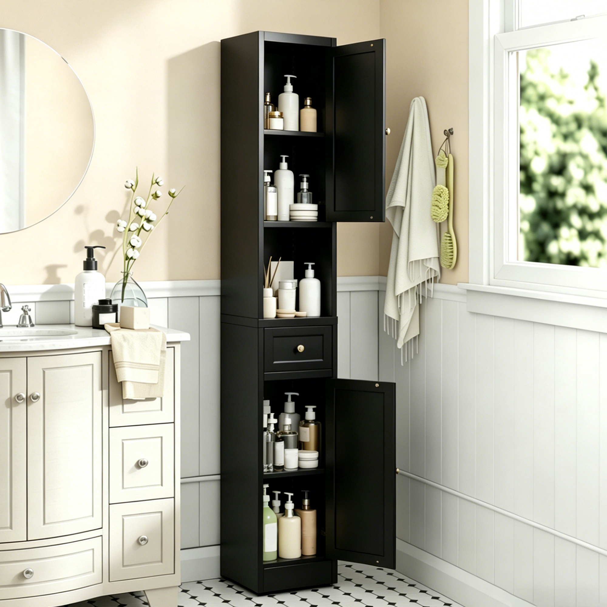 Meuble rangement salle bain 71 po 5 étages métal 2 portes noir