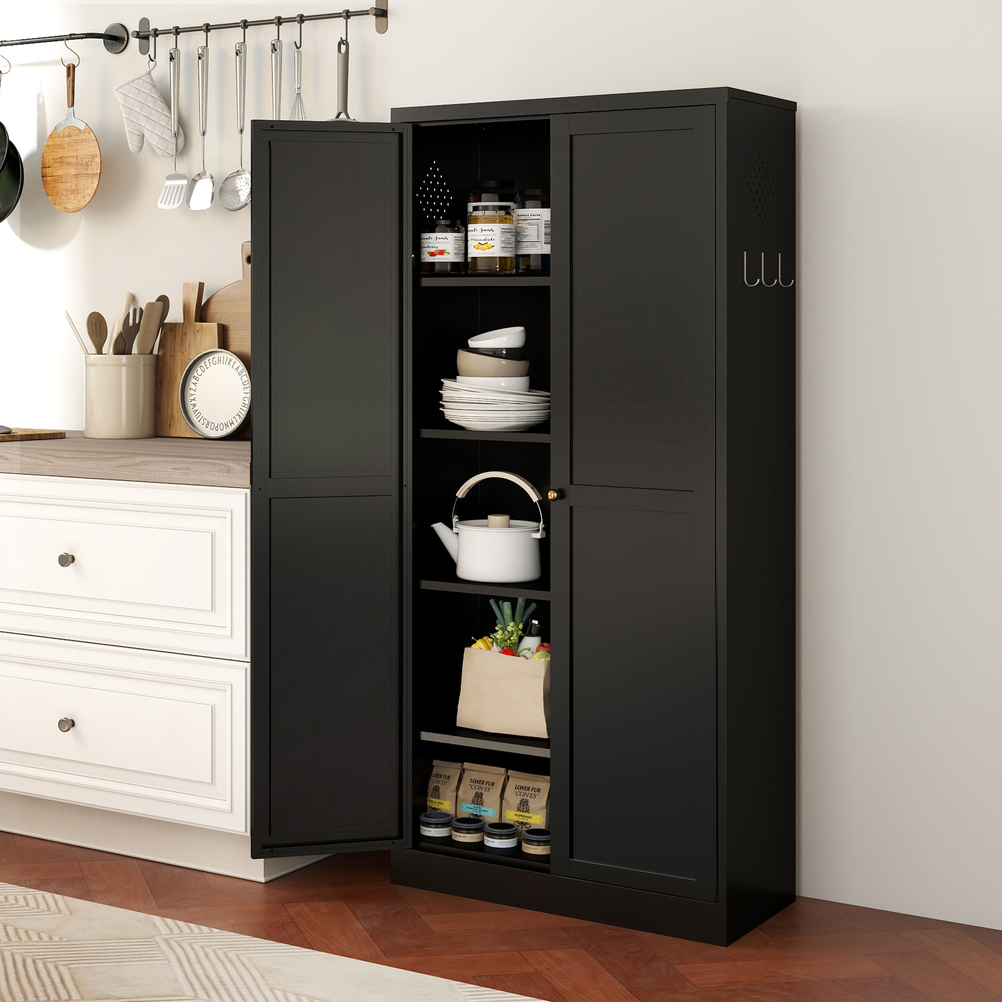 Armoire garde-manger 61" métal noir, 4 tablettes, 110 lb