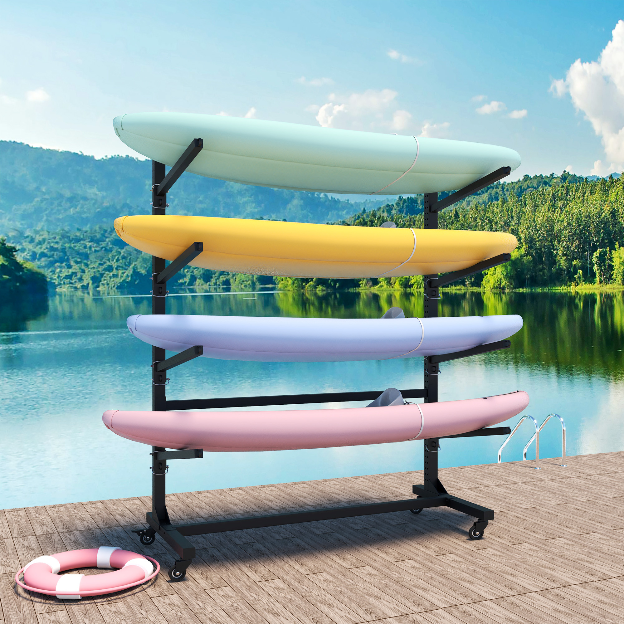 Rangement kayak 80po, 4 kayaks, roues verrouillables